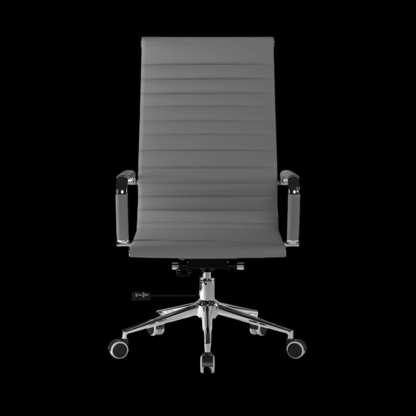 Gray office chair with ribbed backrest on a black background