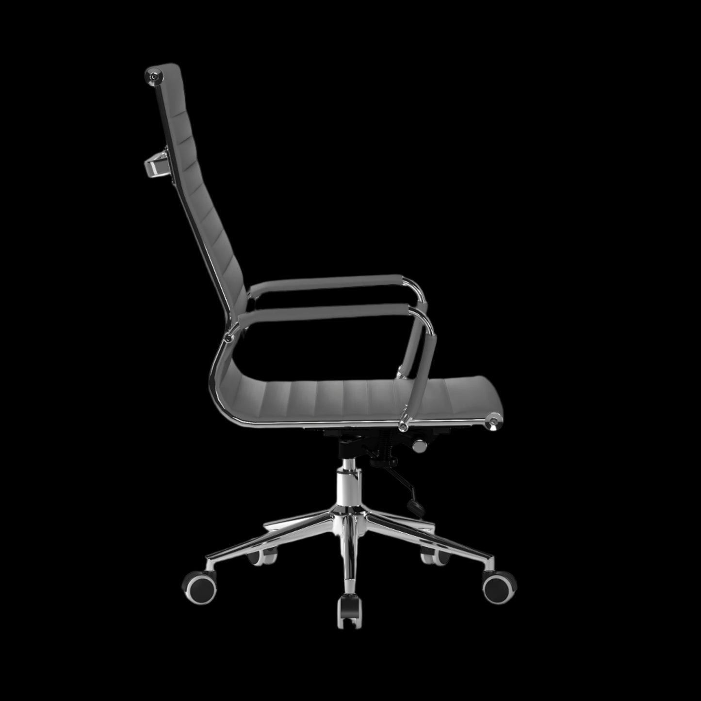 Gray office chair with a black base on a black background