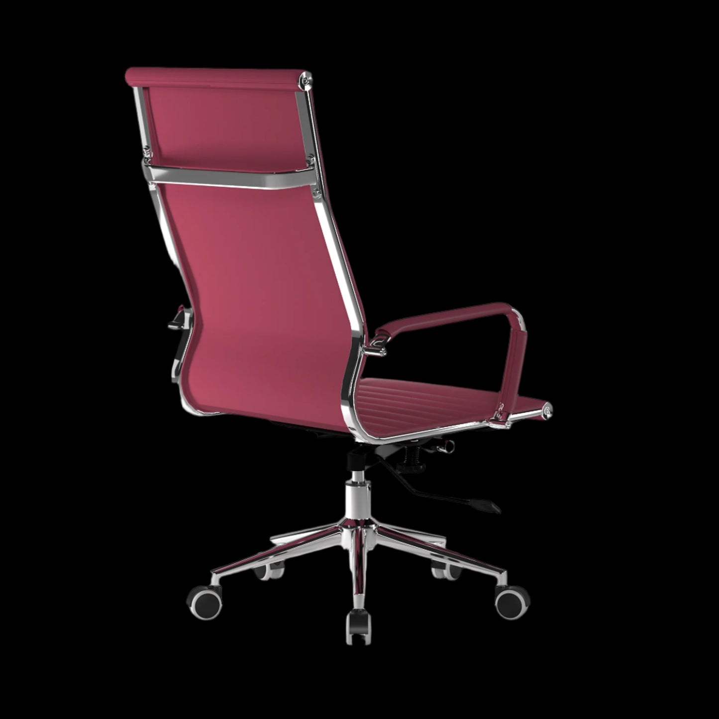 Red office chair with chrome frame on a black background