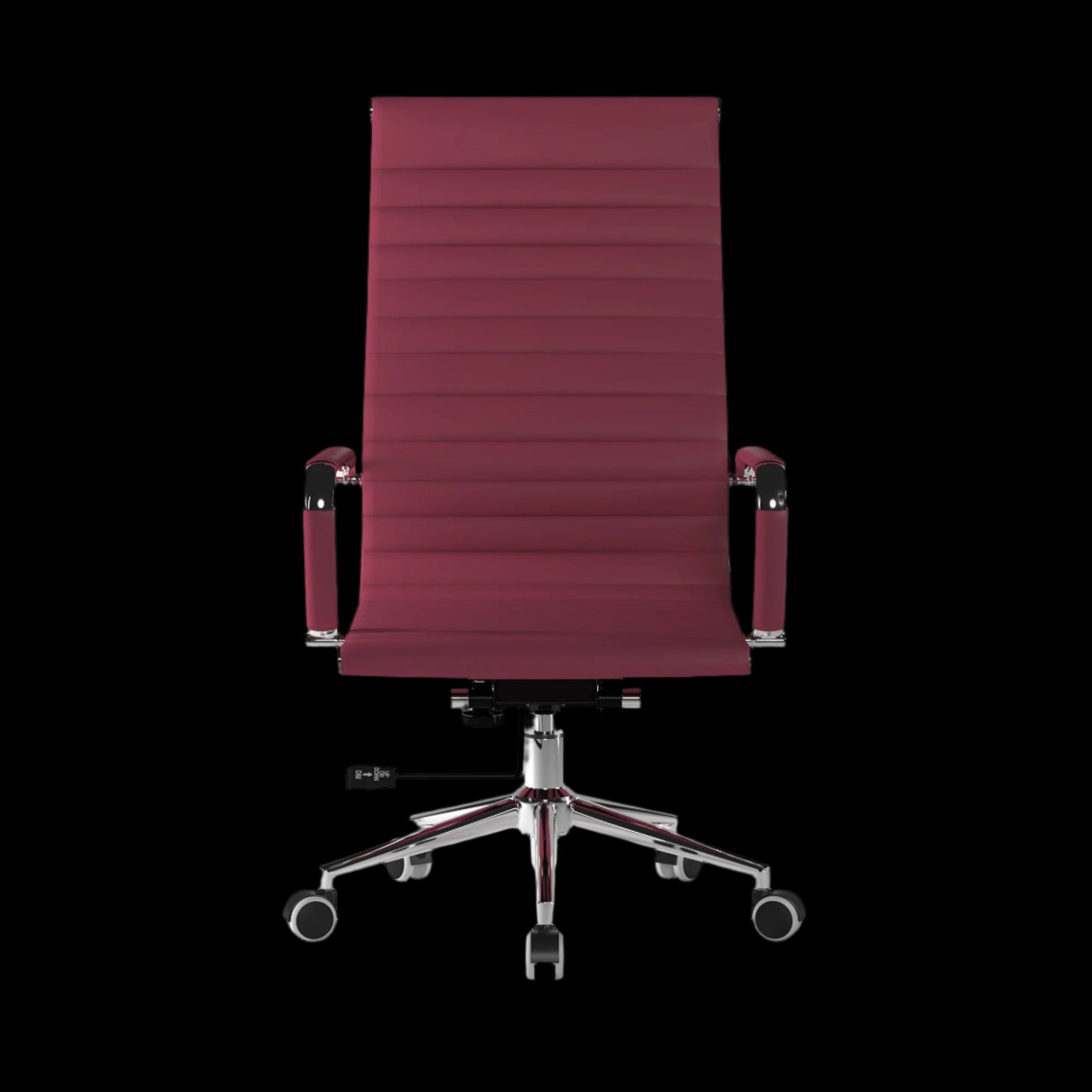 Red office chair with a ribbed backrest on a black background