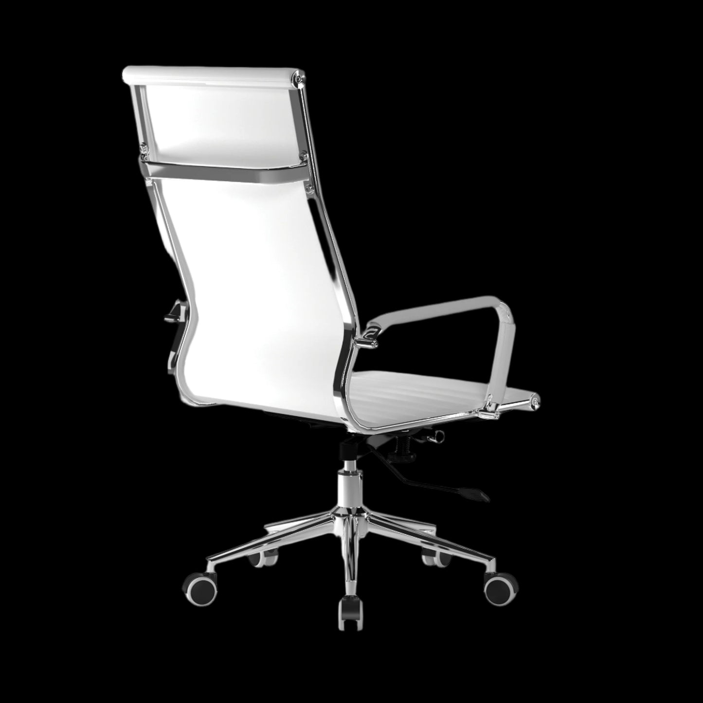 Modern office chair with white seat and backrest on a black background