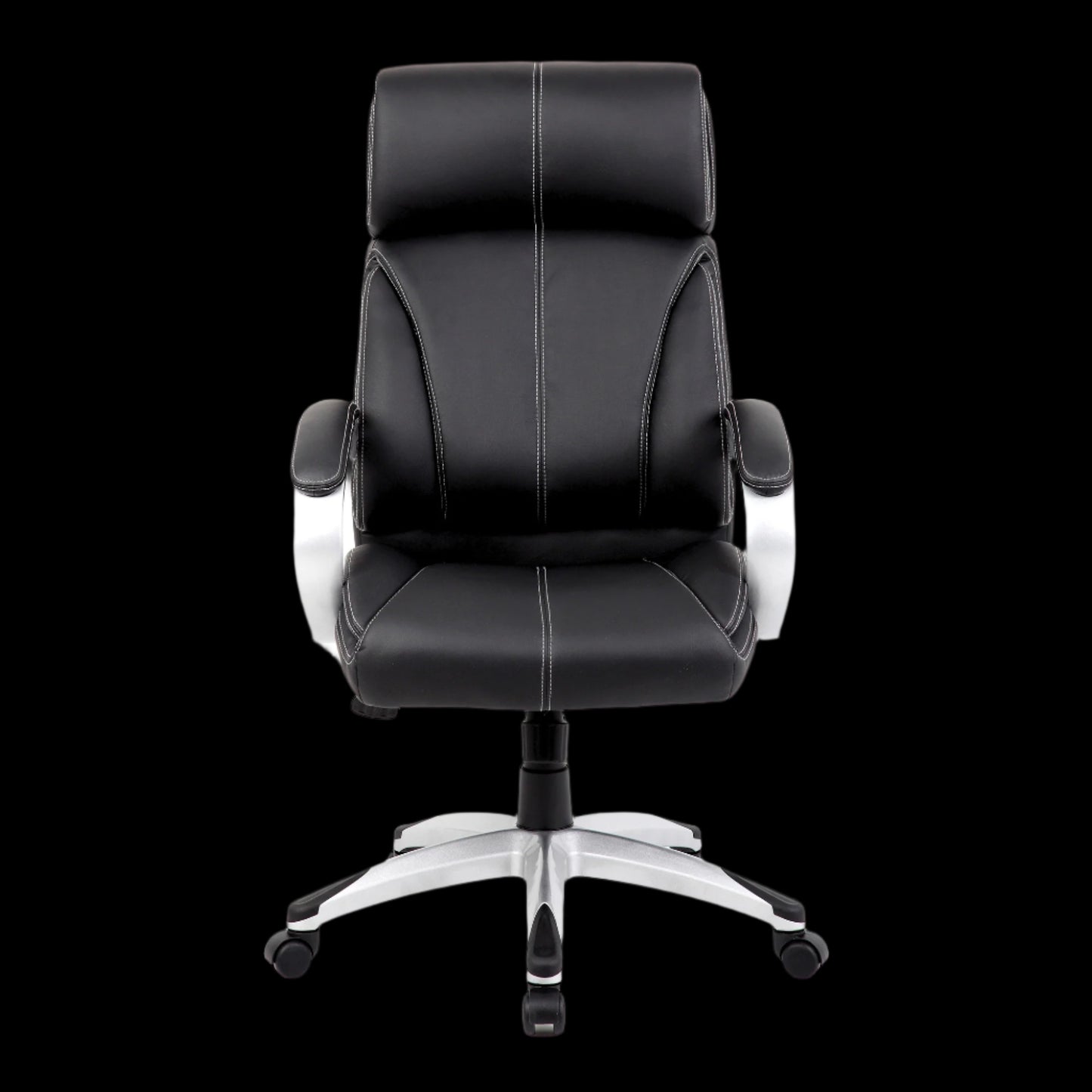 Black office chair with silver base on a black background