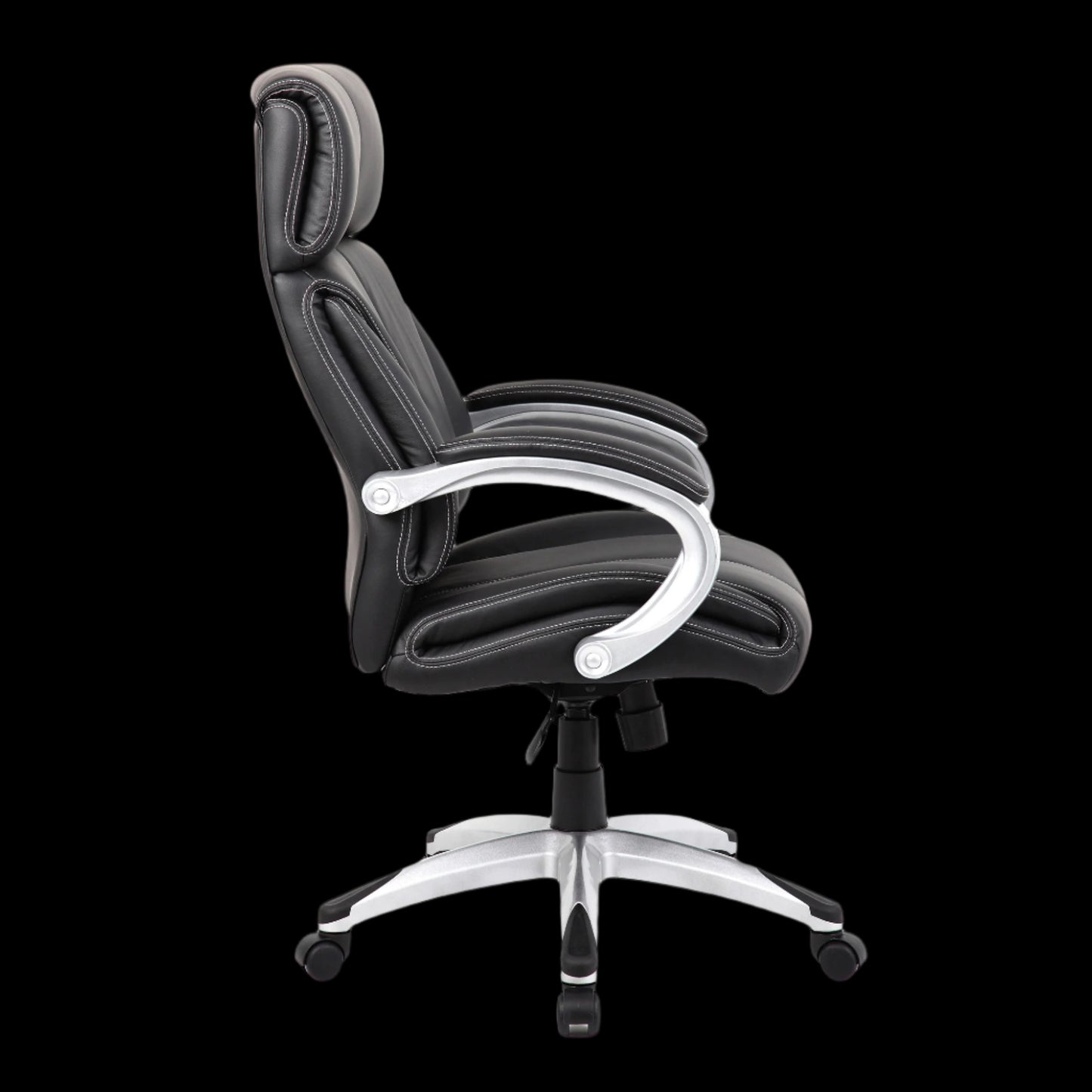 Black office chair with white accents on a black background