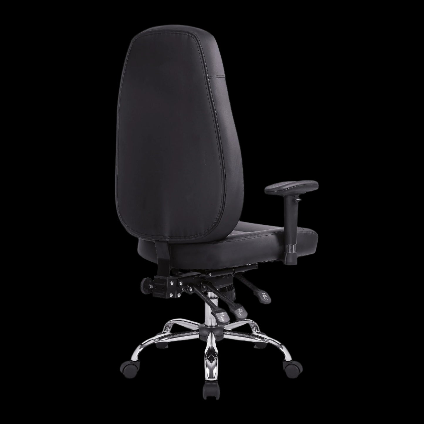 Black office chair with chrome base on a black background