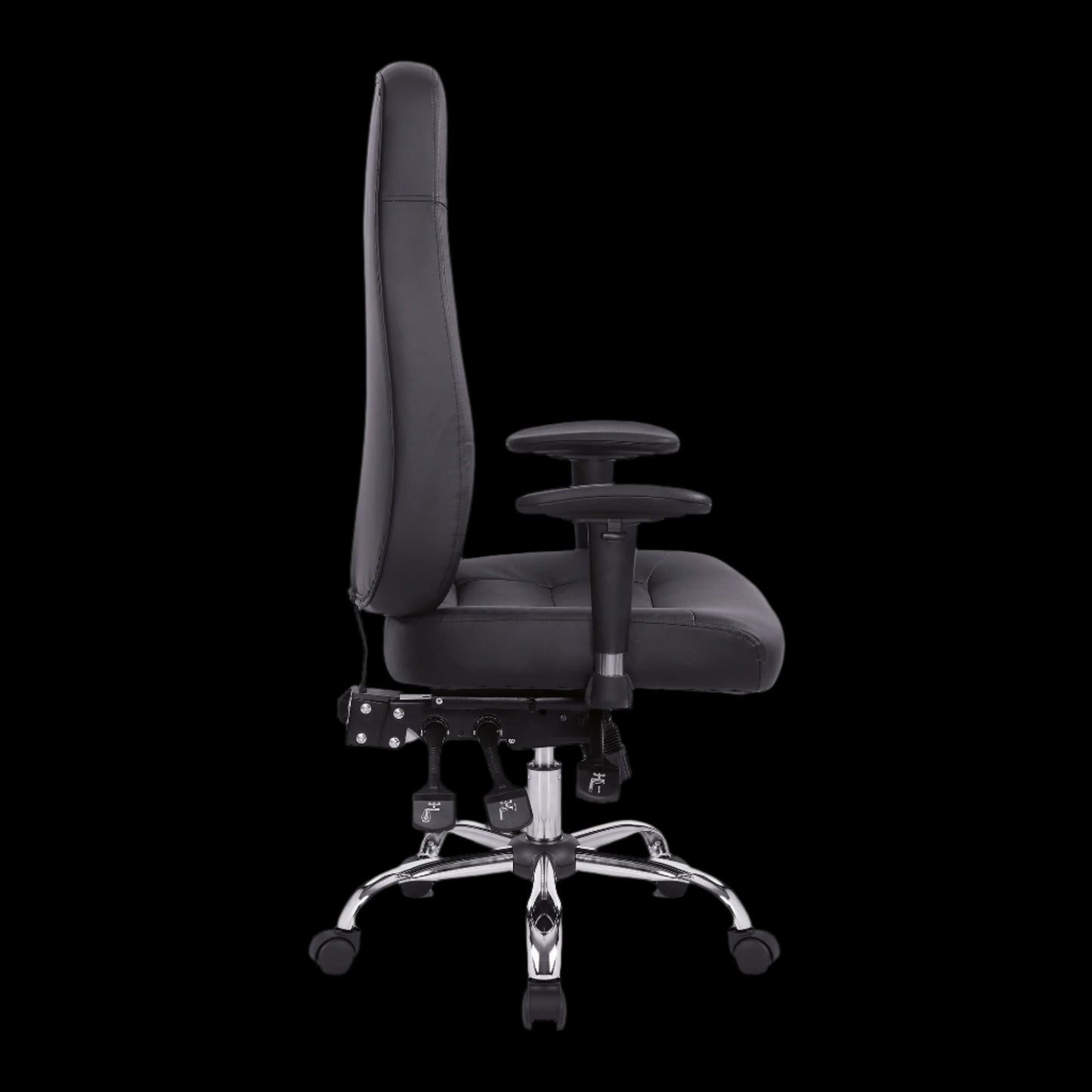 Black office chair with adjustable features on a black background