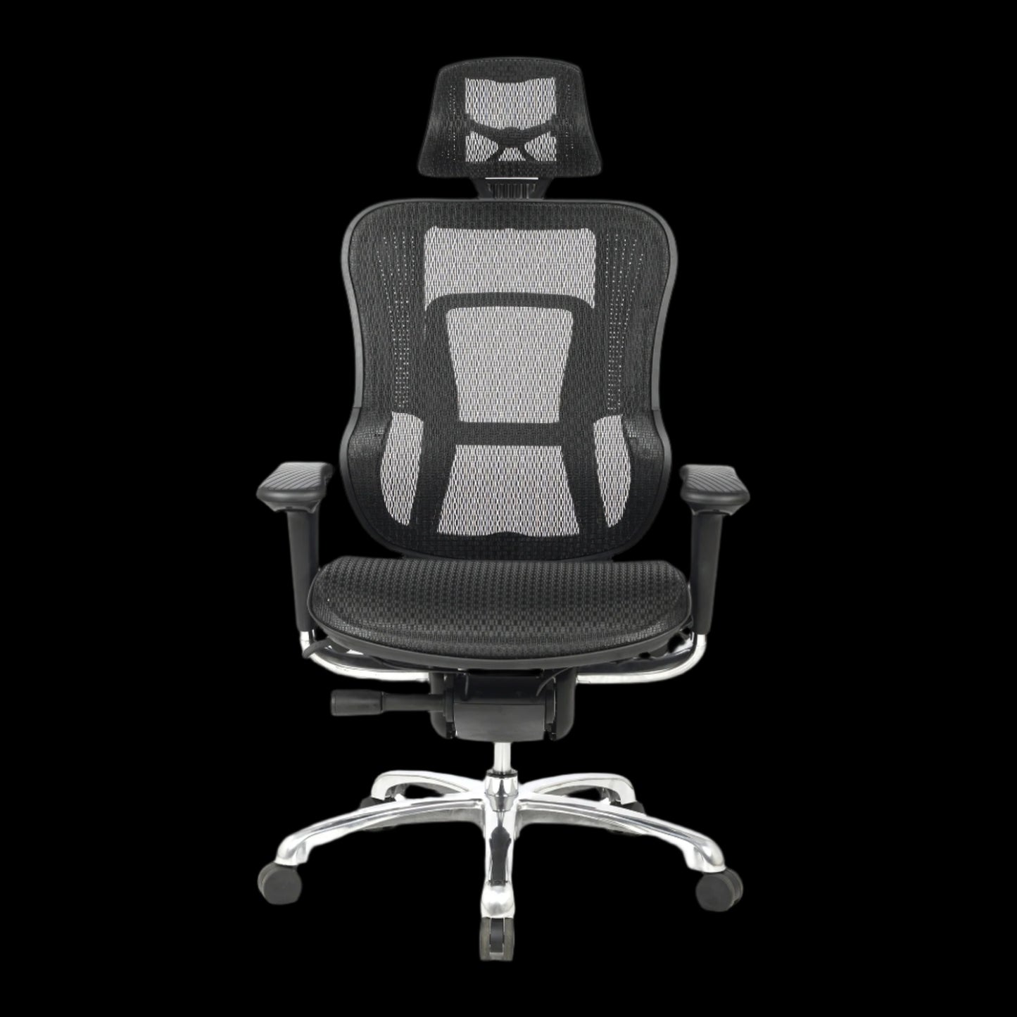 Black office chair with mesh back and headrest on a black background