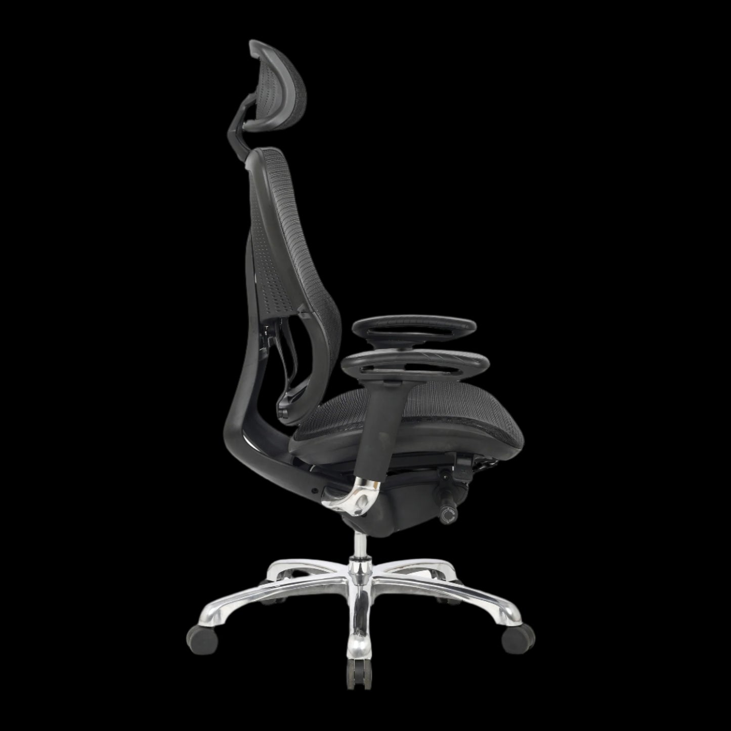 Black office chair with chrome base on a black background
