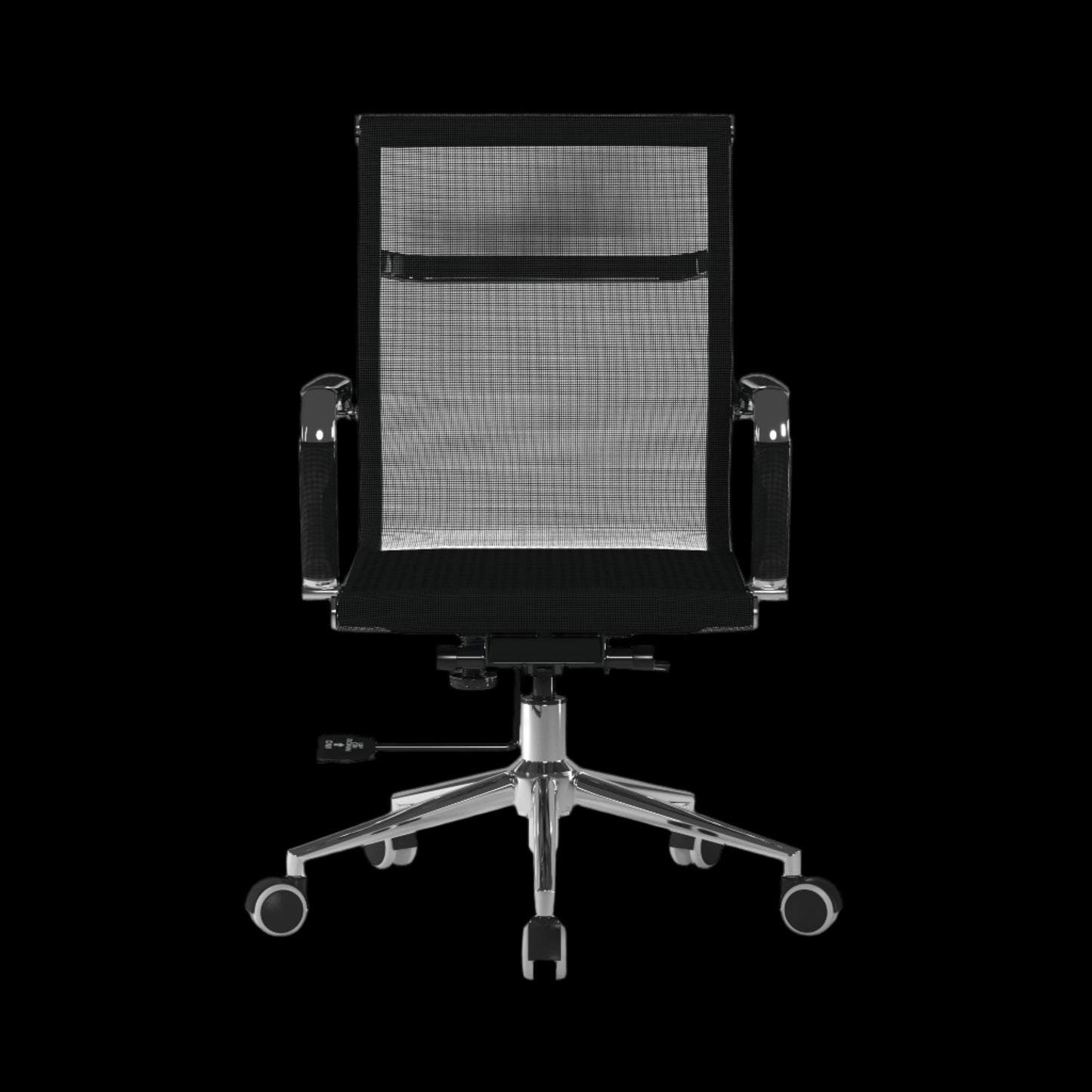 Black office chair with mesh backrest on a black background