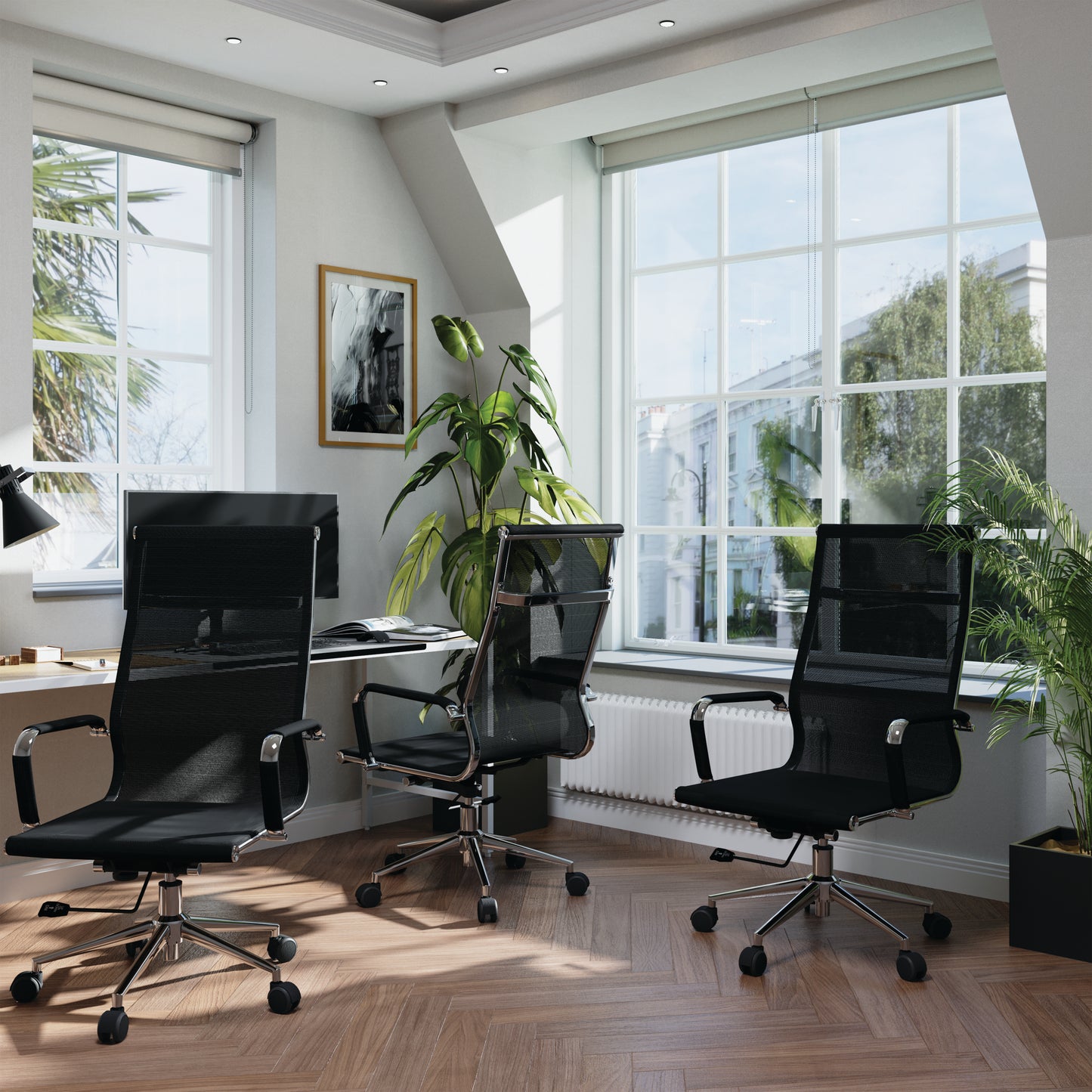 Modern office interior with black chairs, a desk, and large windows.