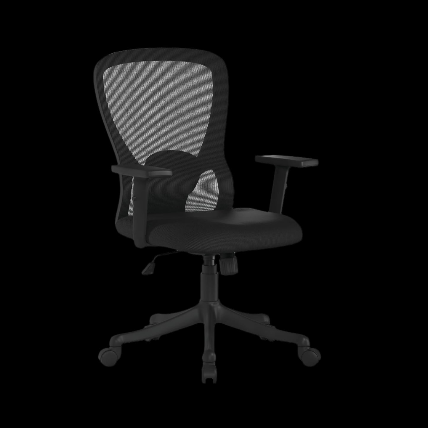 Black office chair with mesh back on a black background