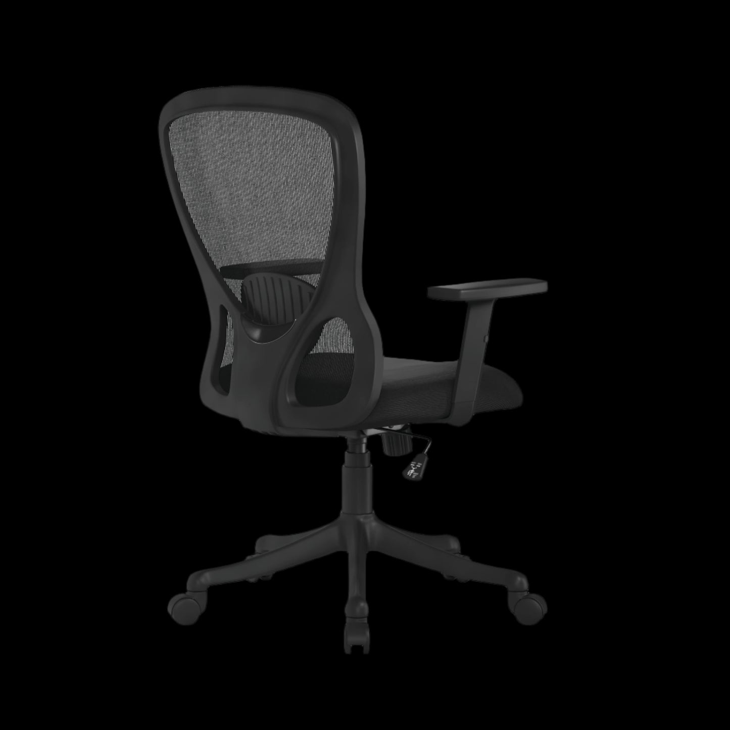 Black office chair with mesh backrest on a black background