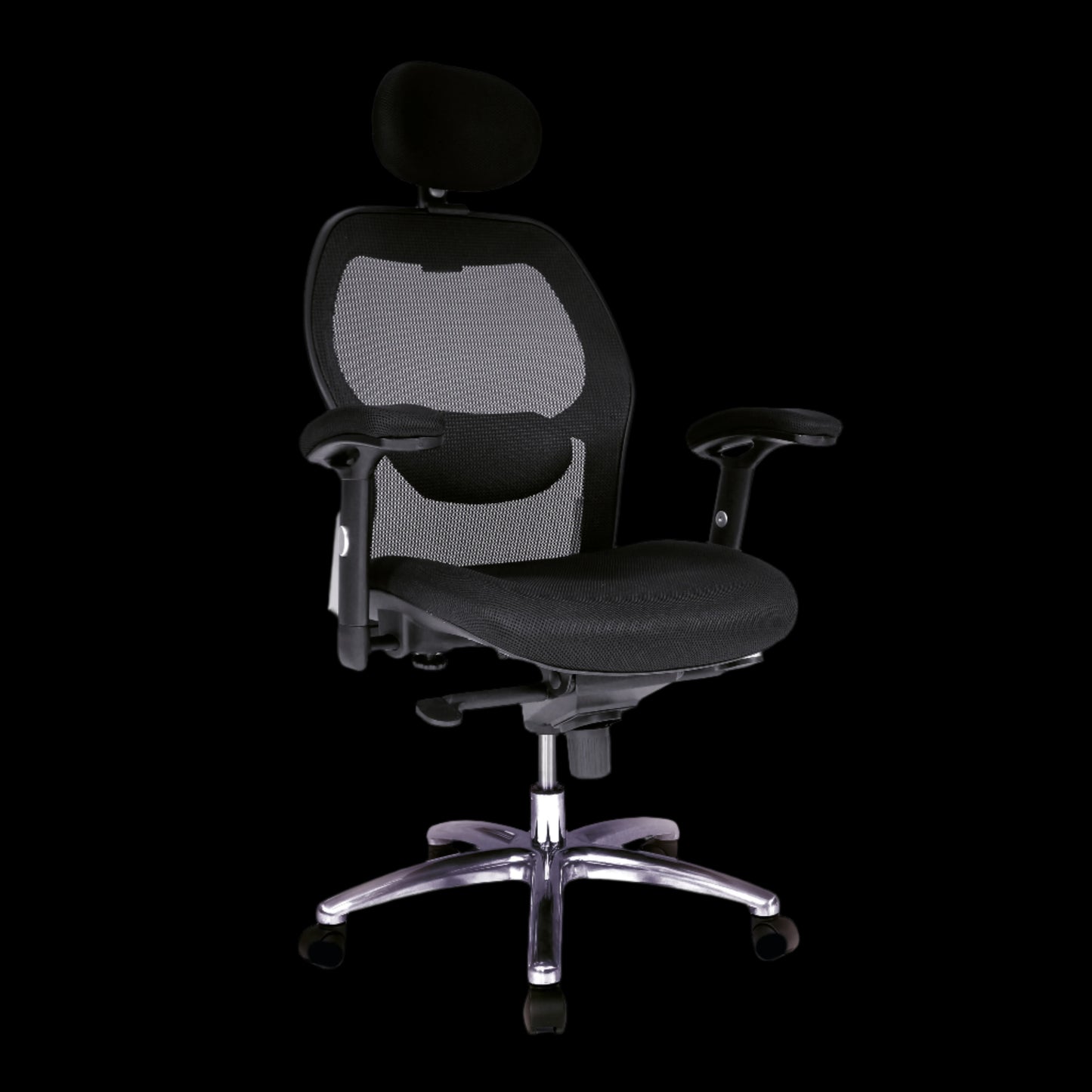Black office chair with mesh backrest on a black background
