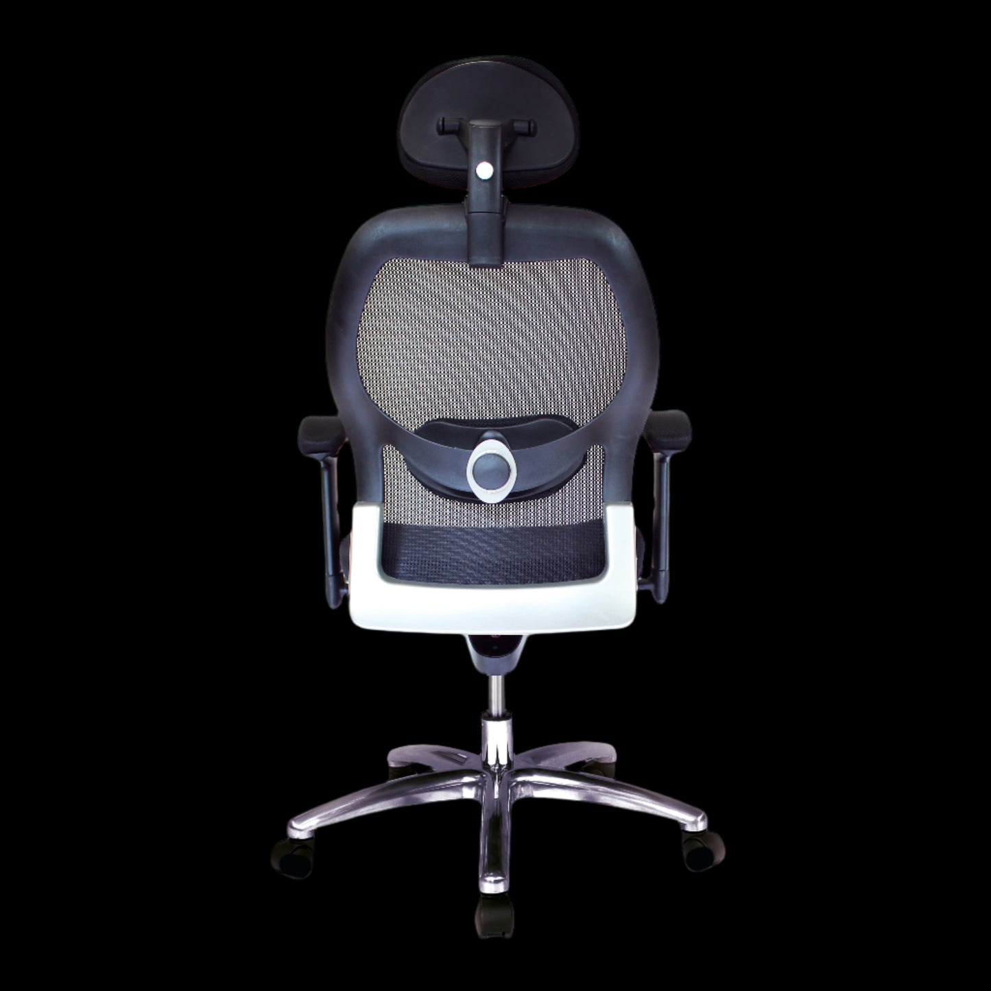 Black office chair with mesh backrest on a black background