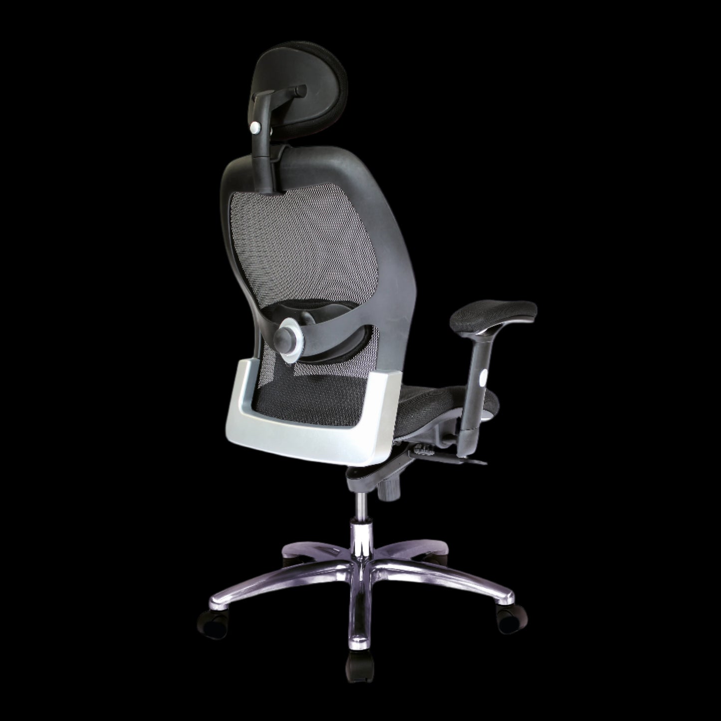 Ergonomic office chair with mesh backrest on a black background
