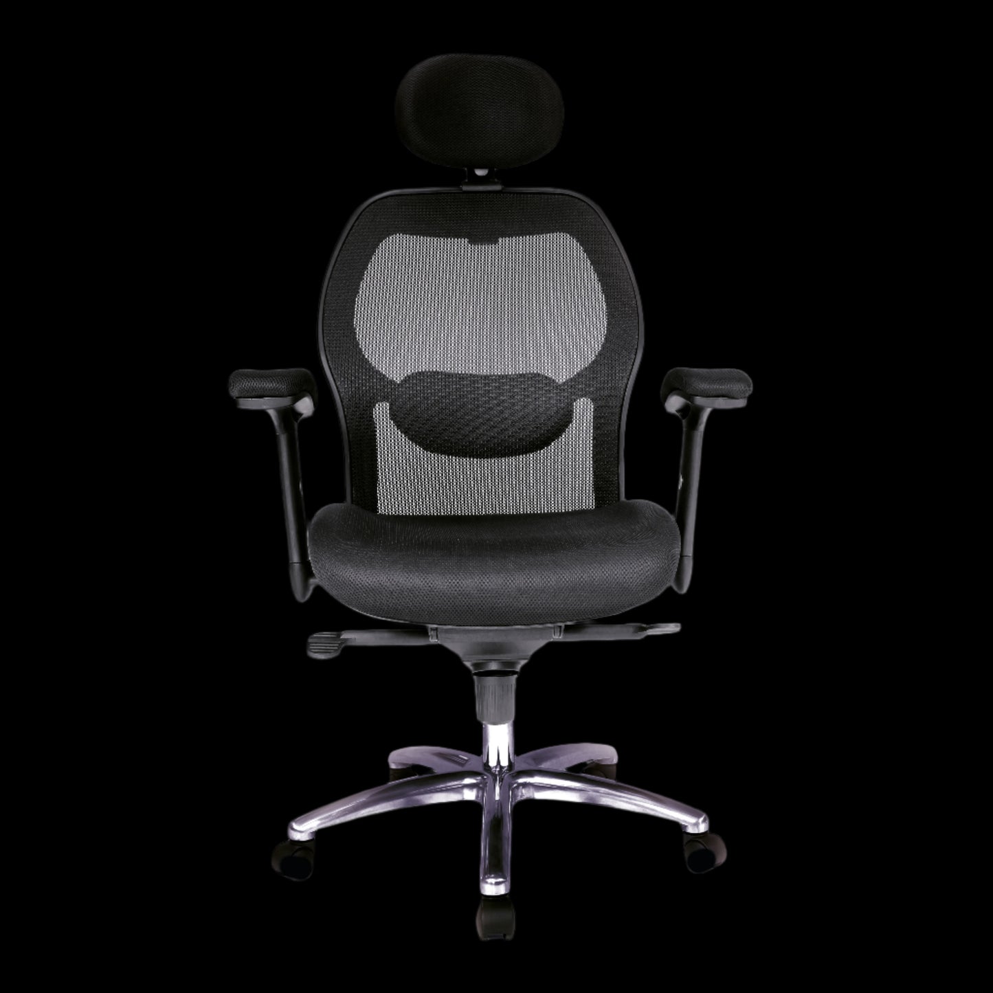 Black office chair with headrest on a black background