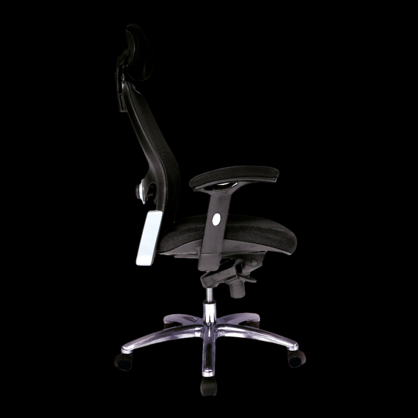 Black office chair with adjustable features on a black background