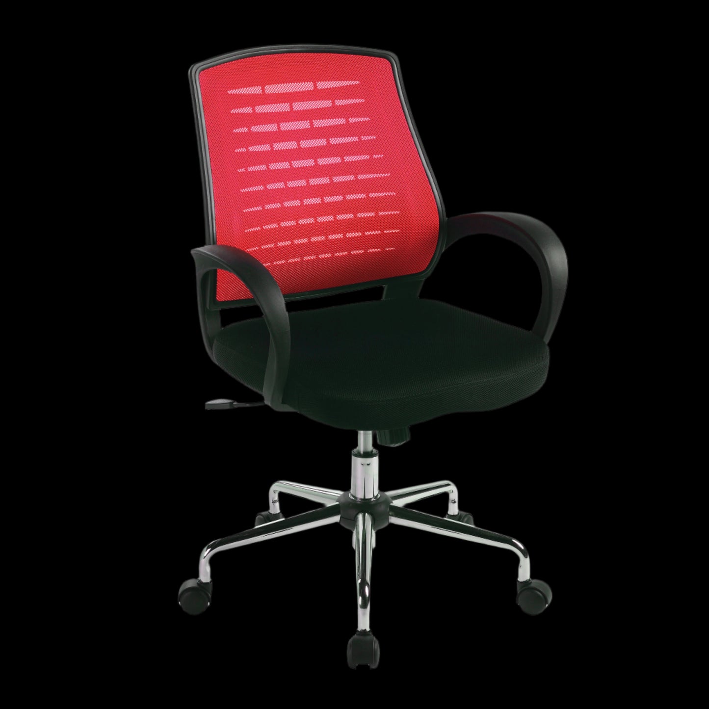 Black office chair with red mesh backrest on a black background