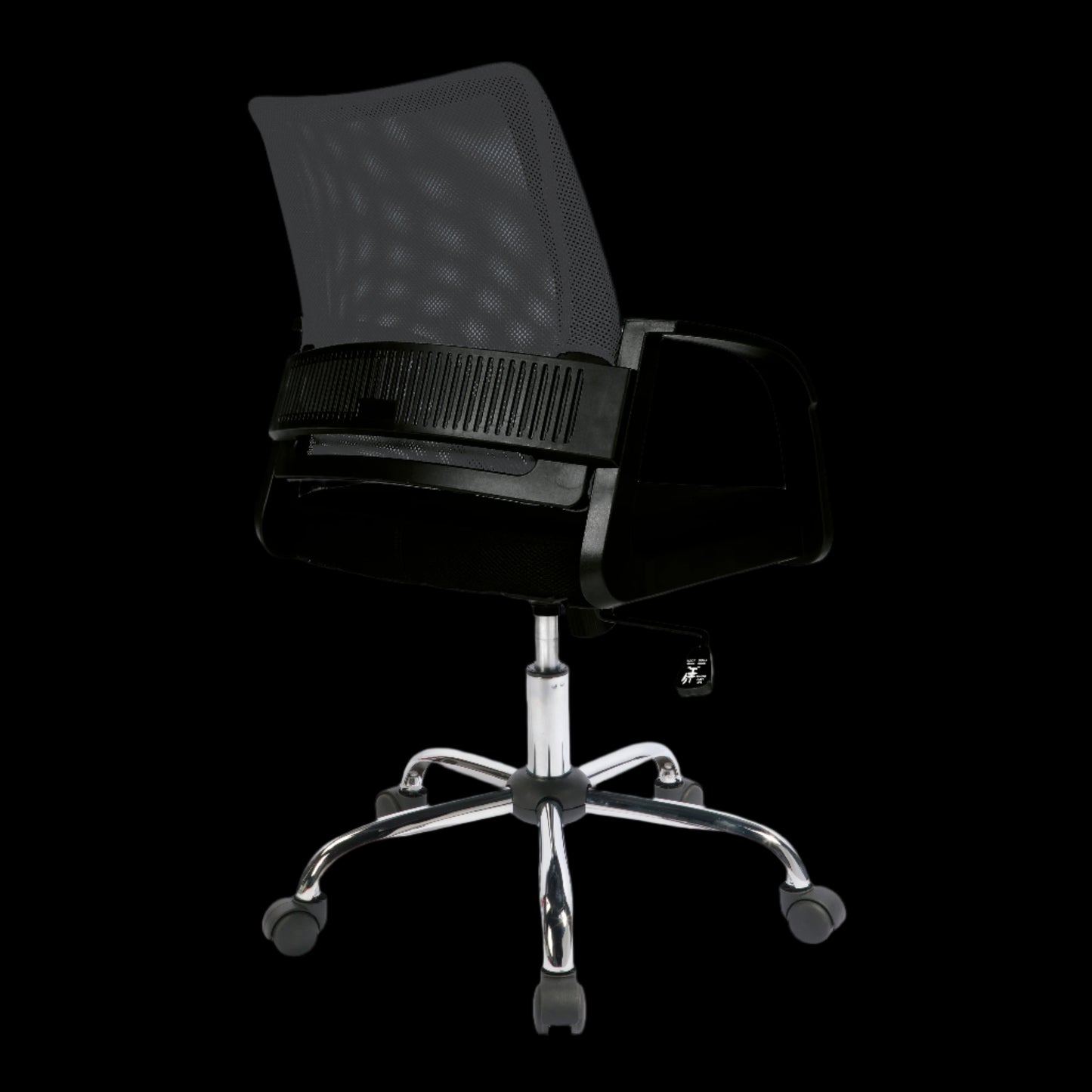 Black office chair with mesh backrest on a black background