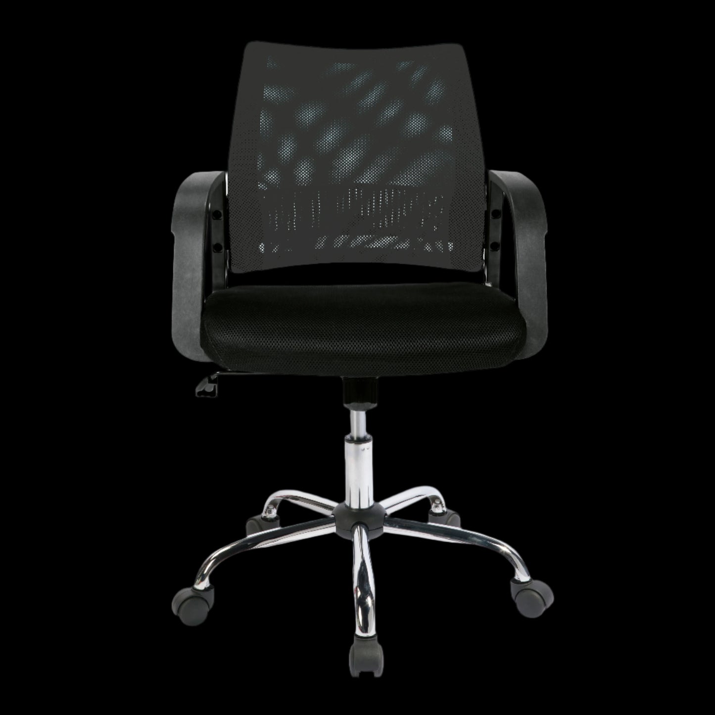 Black office chair with mesh backrest on a black background