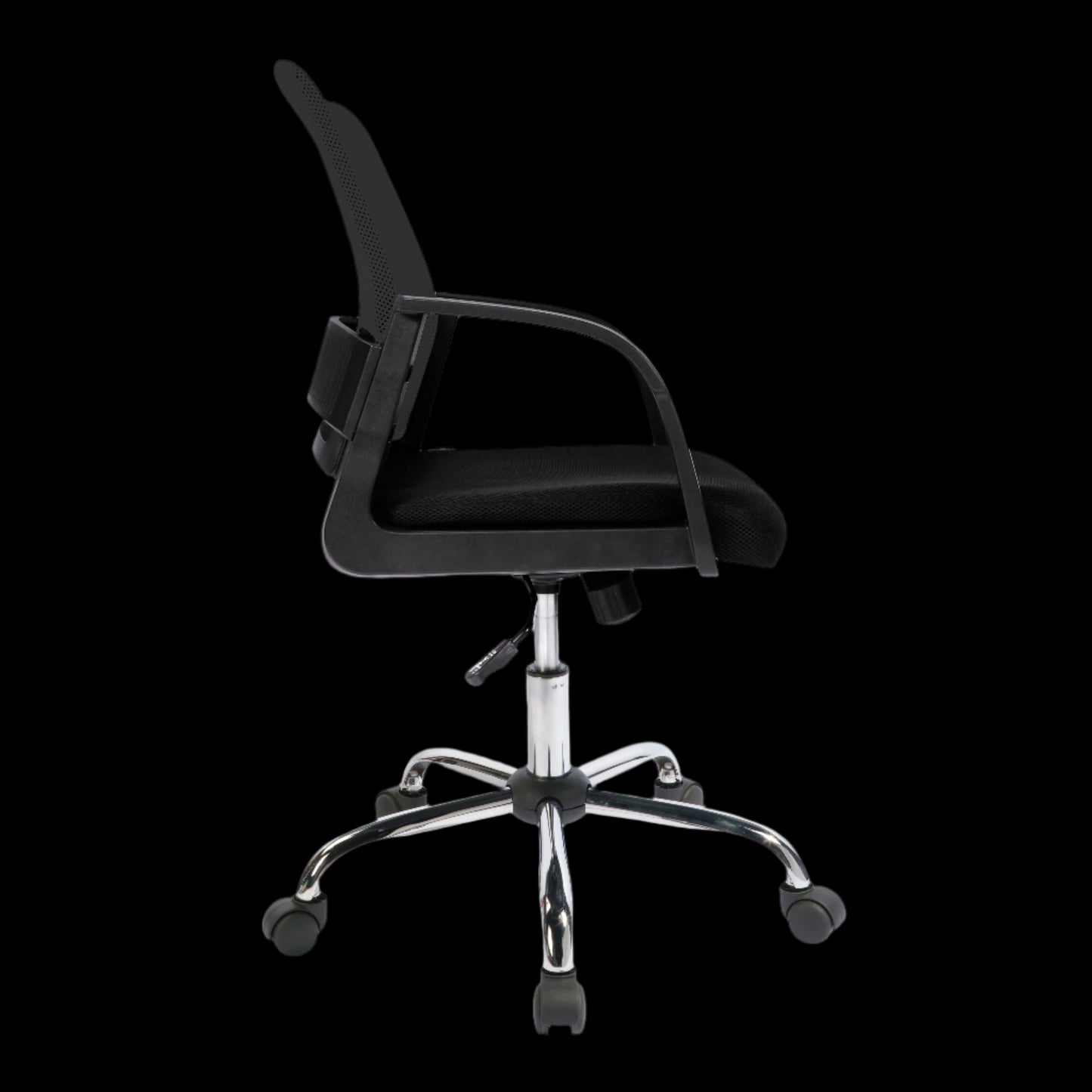 Black office chair with chrome base on a black background