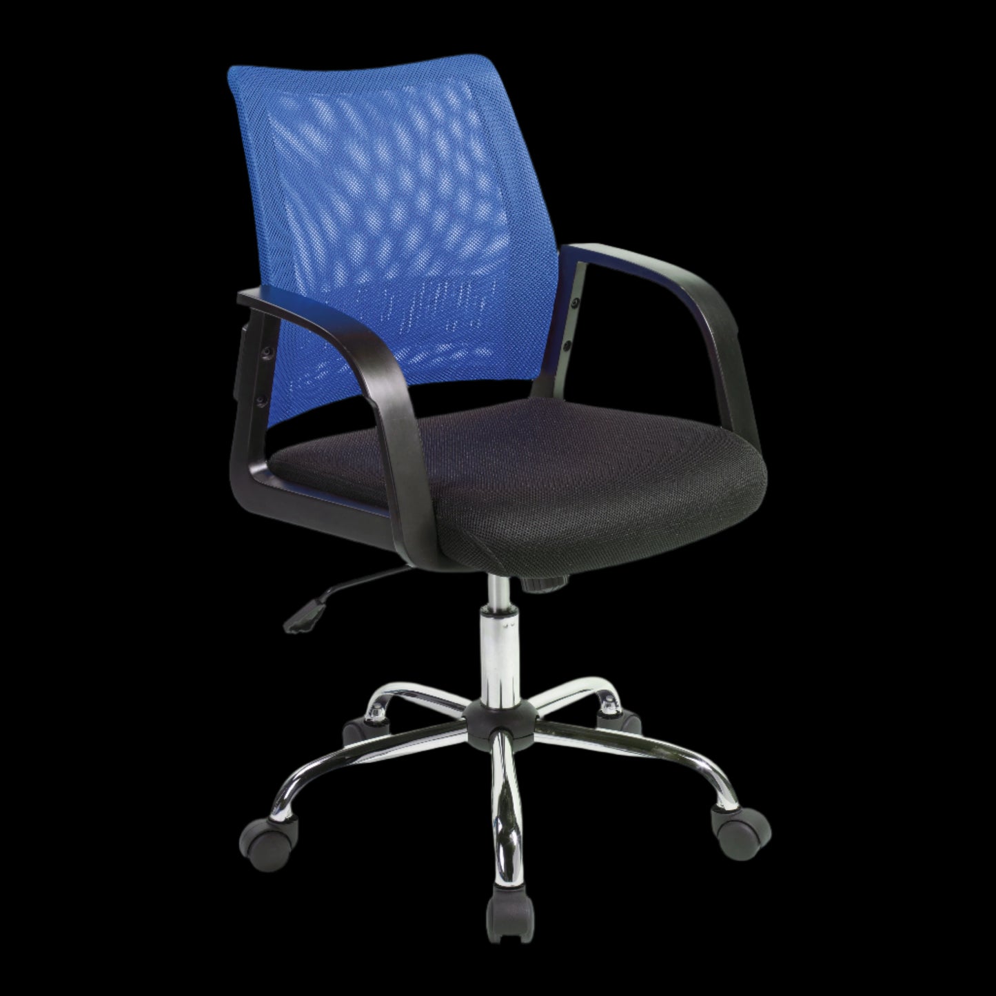 Blue office chair with black seat and chrome base on a black background