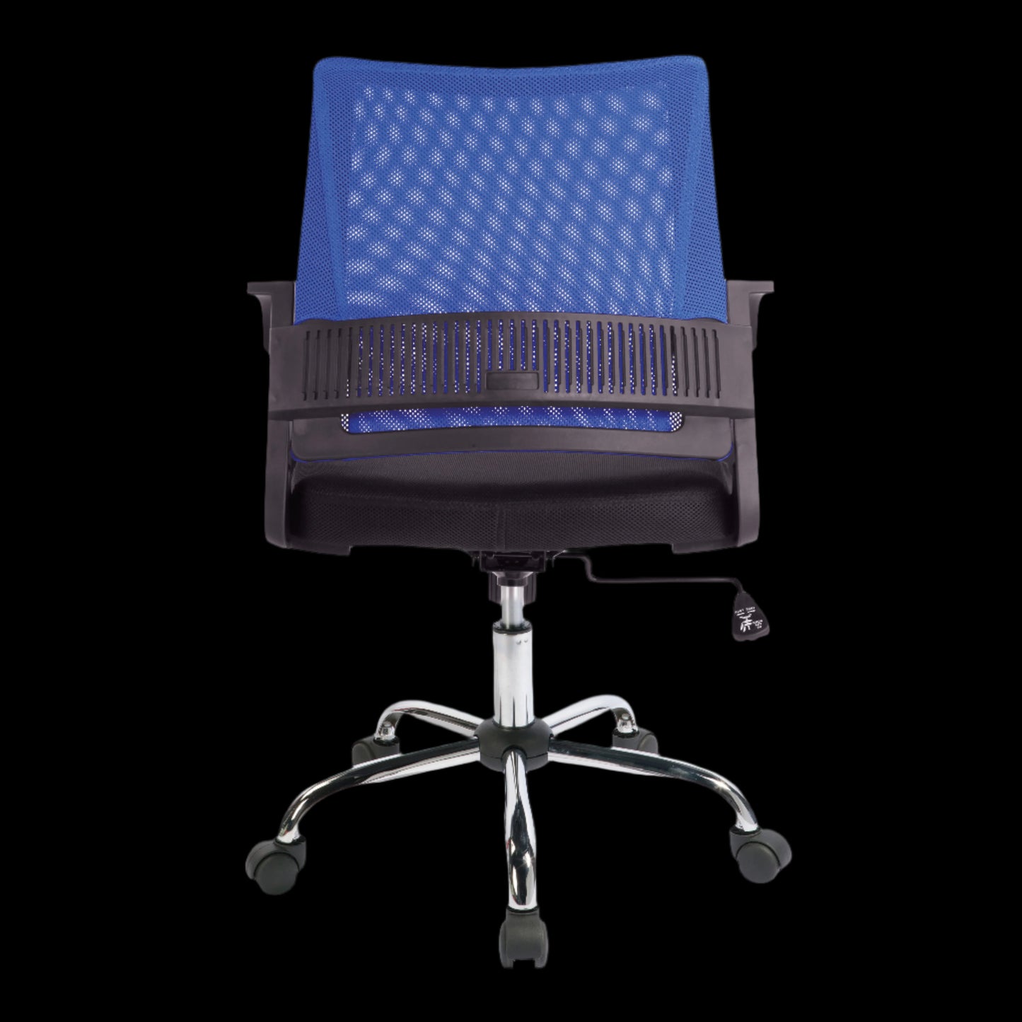Blue office chair with black mesh backrest on a black background