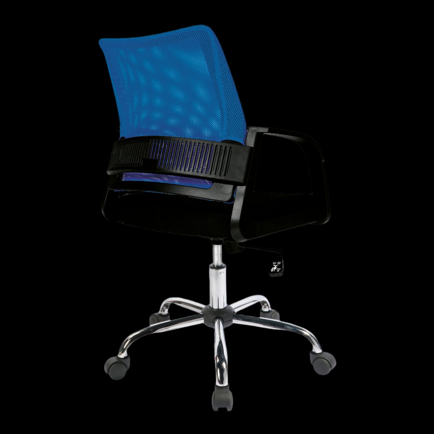 Blue office chair with black frame and chrome base on a black background