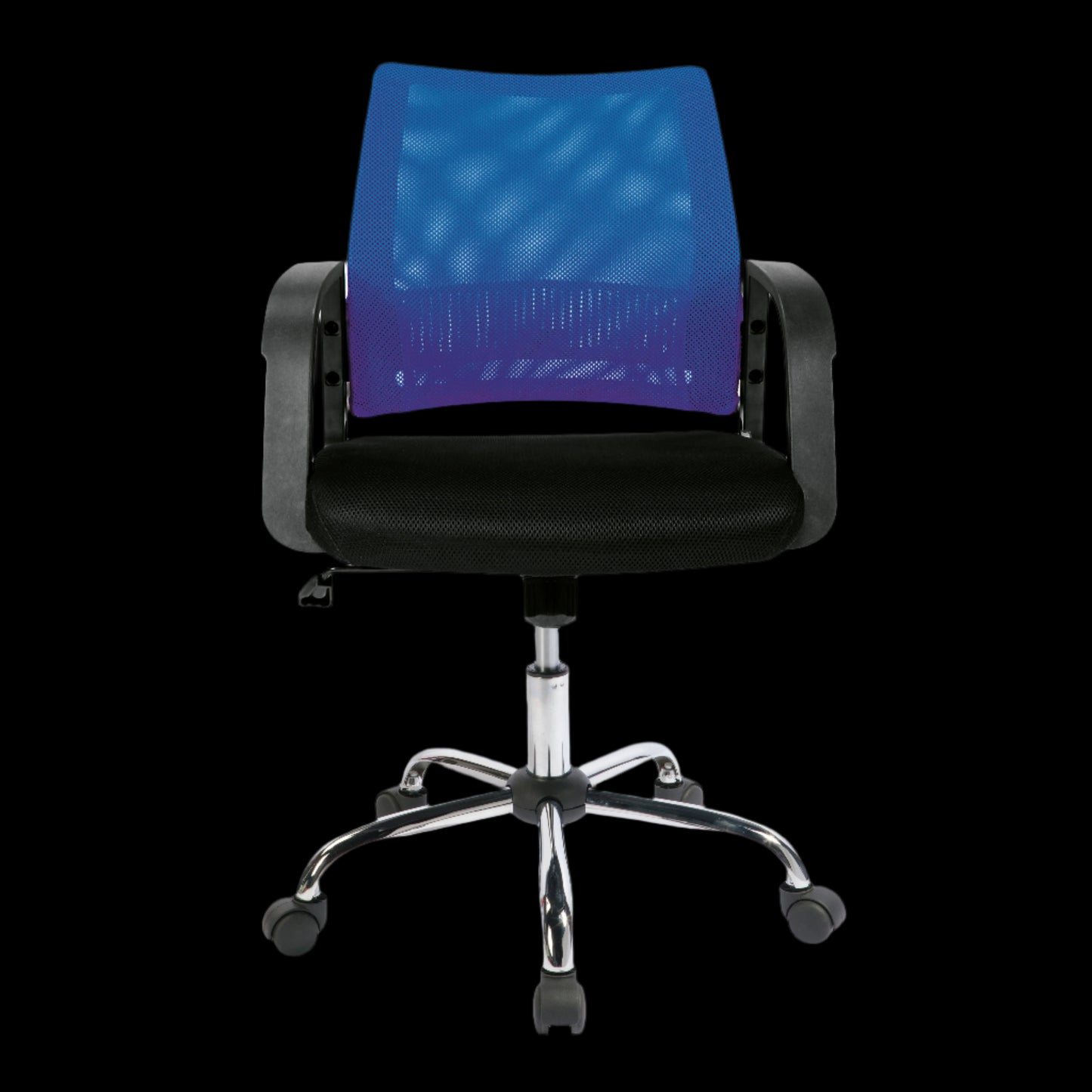 Black office chair with blue mesh backrest on a black background