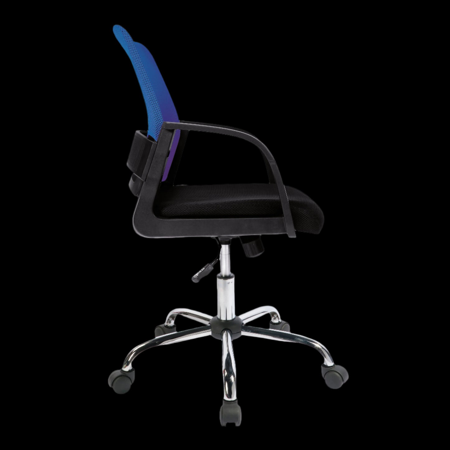 Black office chair with blue mesh backrest on a black background