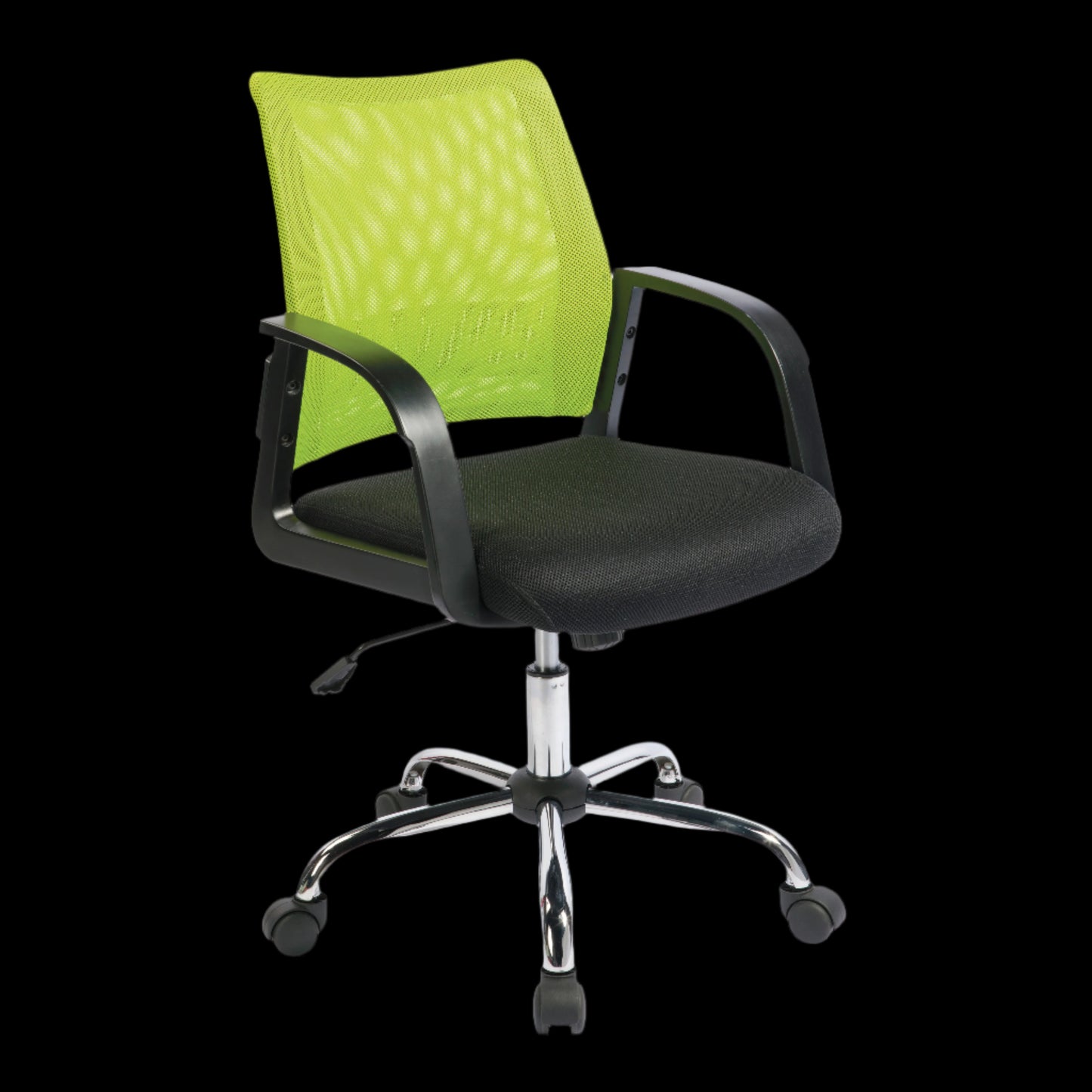 Black office chair with a bright green mesh back on a black background