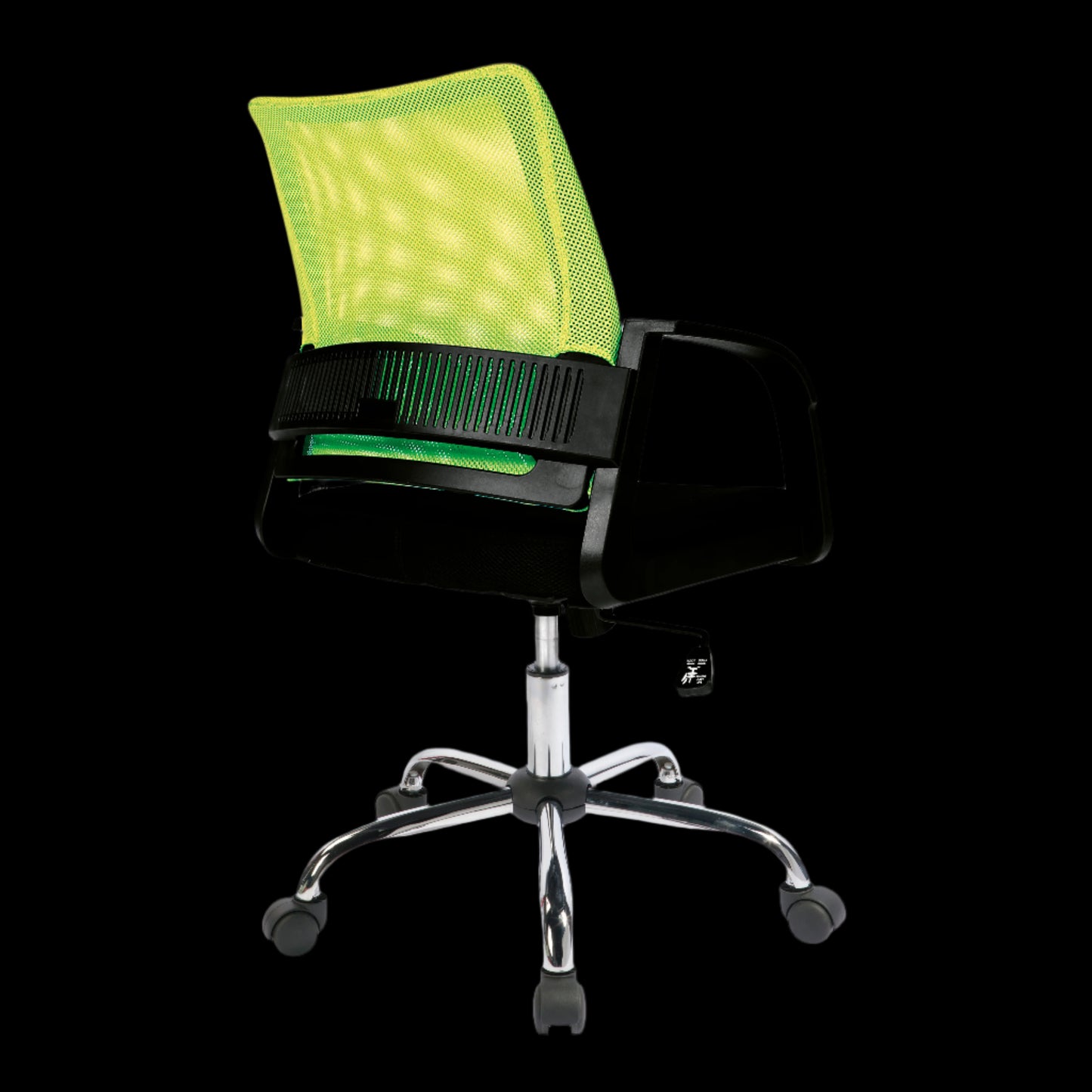 Black office chair with green mesh backrest on a black background