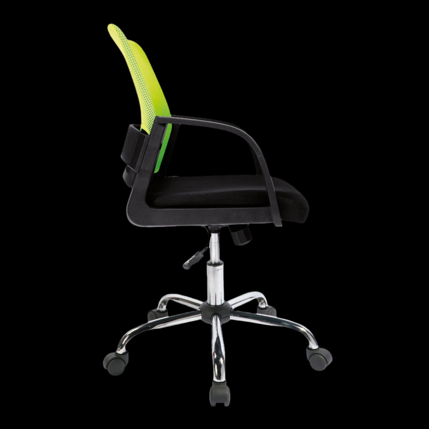 Black office chair with a green mesh backrest on a black background