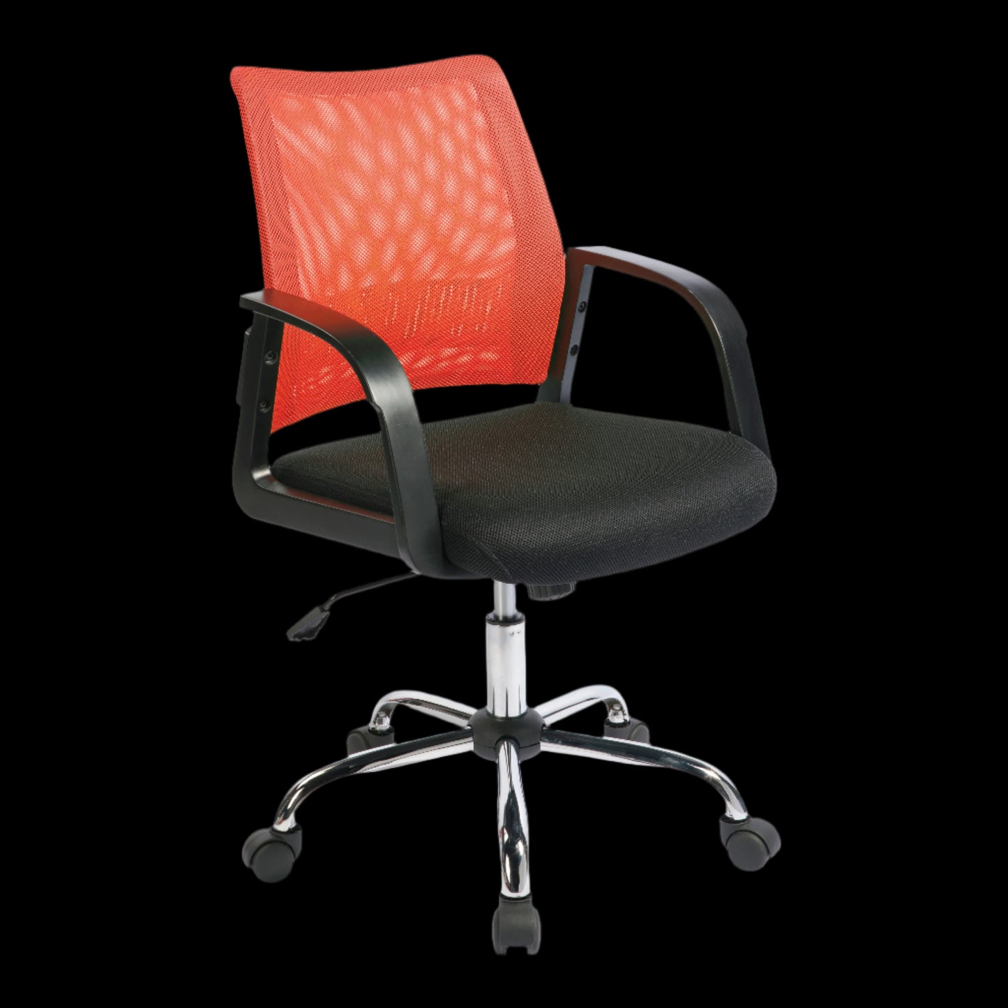 Black office chair with red mesh backrest on a black background