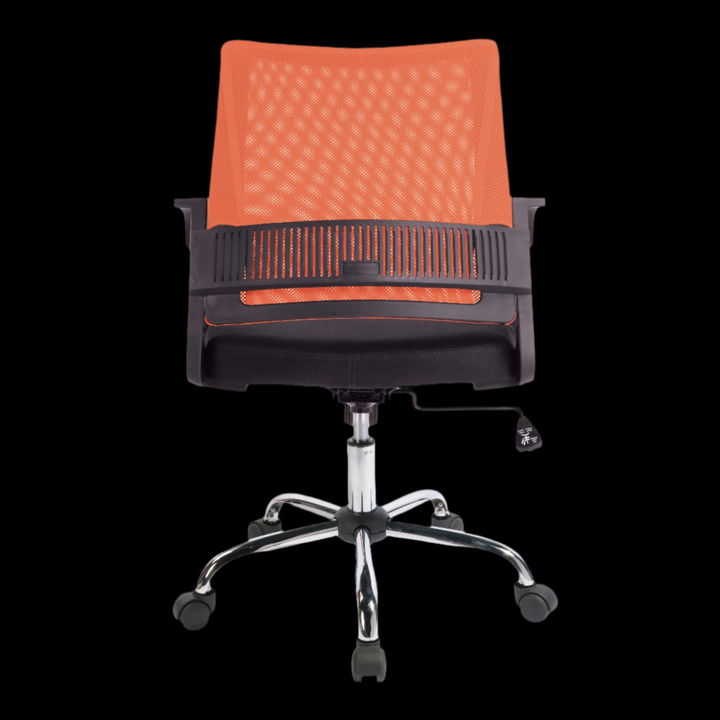 Office chair with red mesh backrest and black frame on a black background