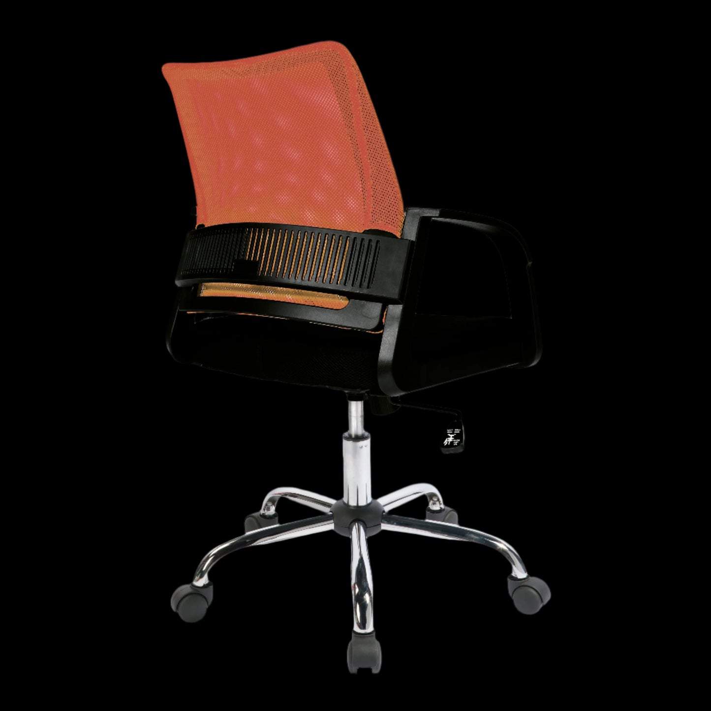 Black office chair with red mesh backrest on a black background