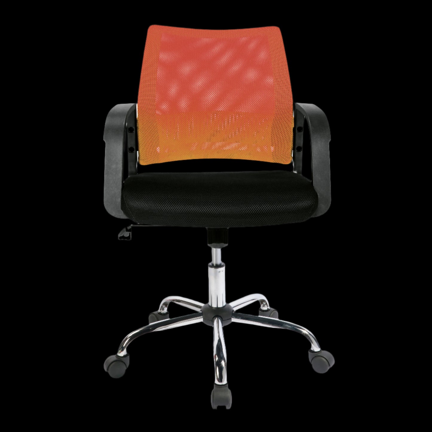 Office chair with red mesh backrest and black seat on a black background