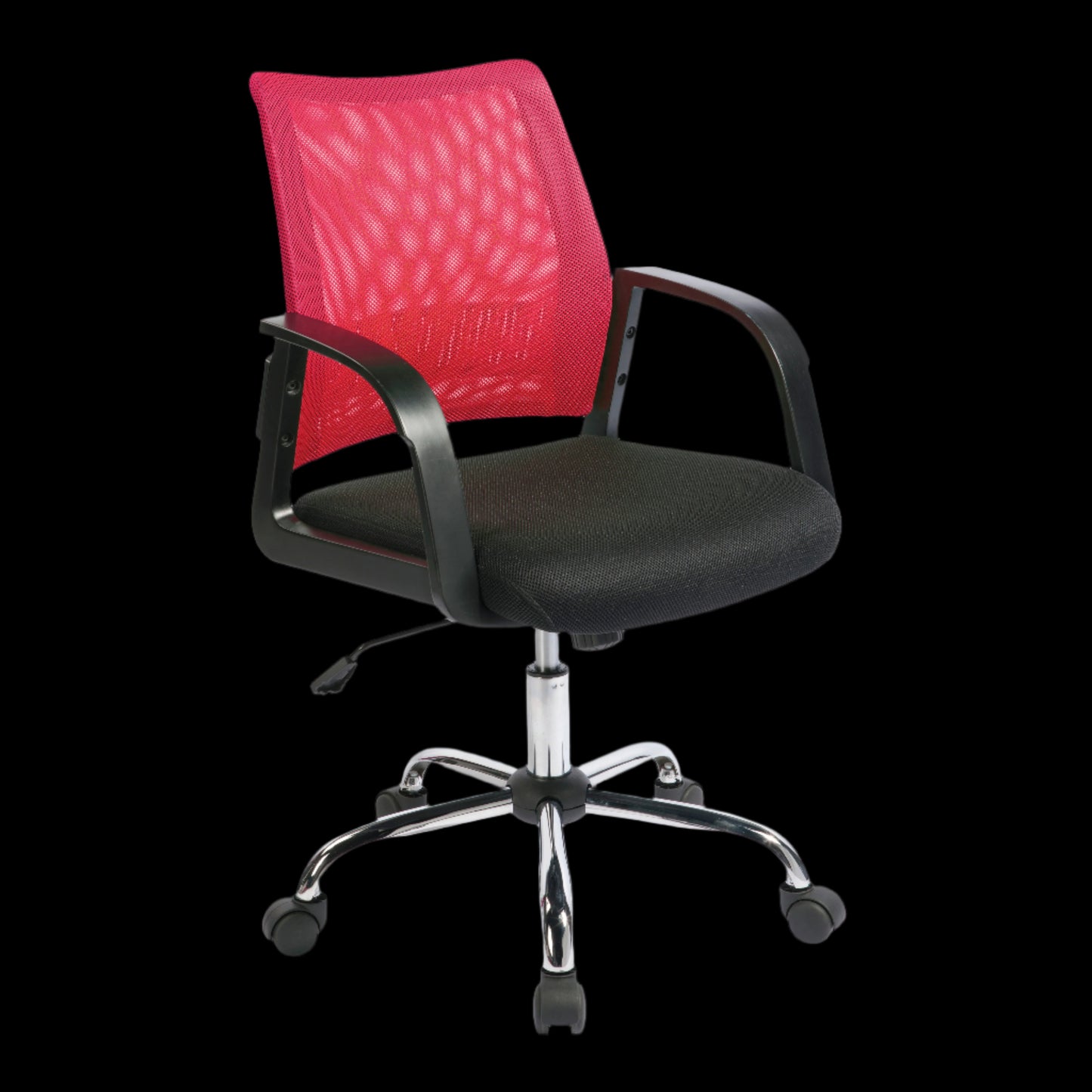 Office chair with red mesh backrest and black seat on a black background