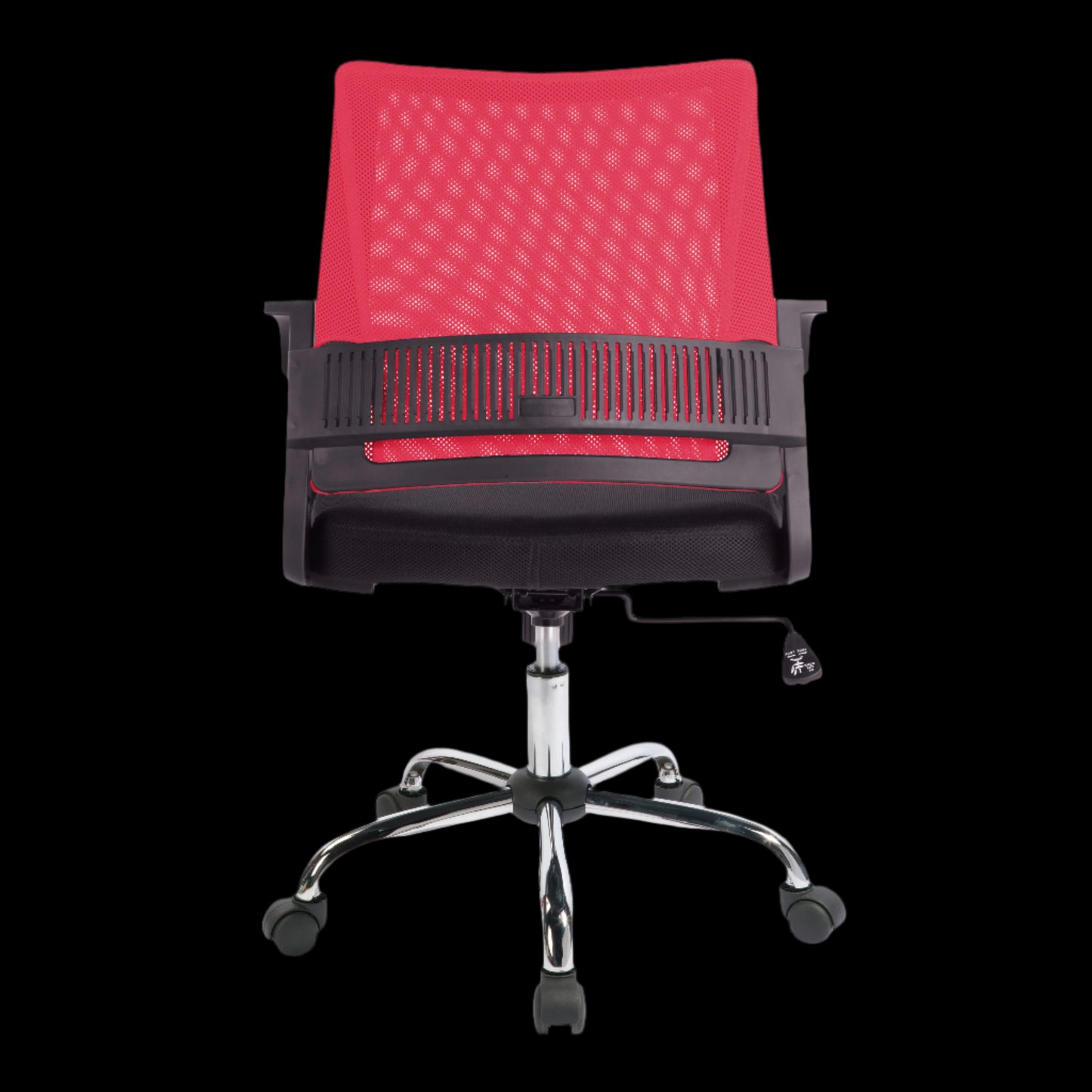 Black office chair with red mesh backrest on a black background