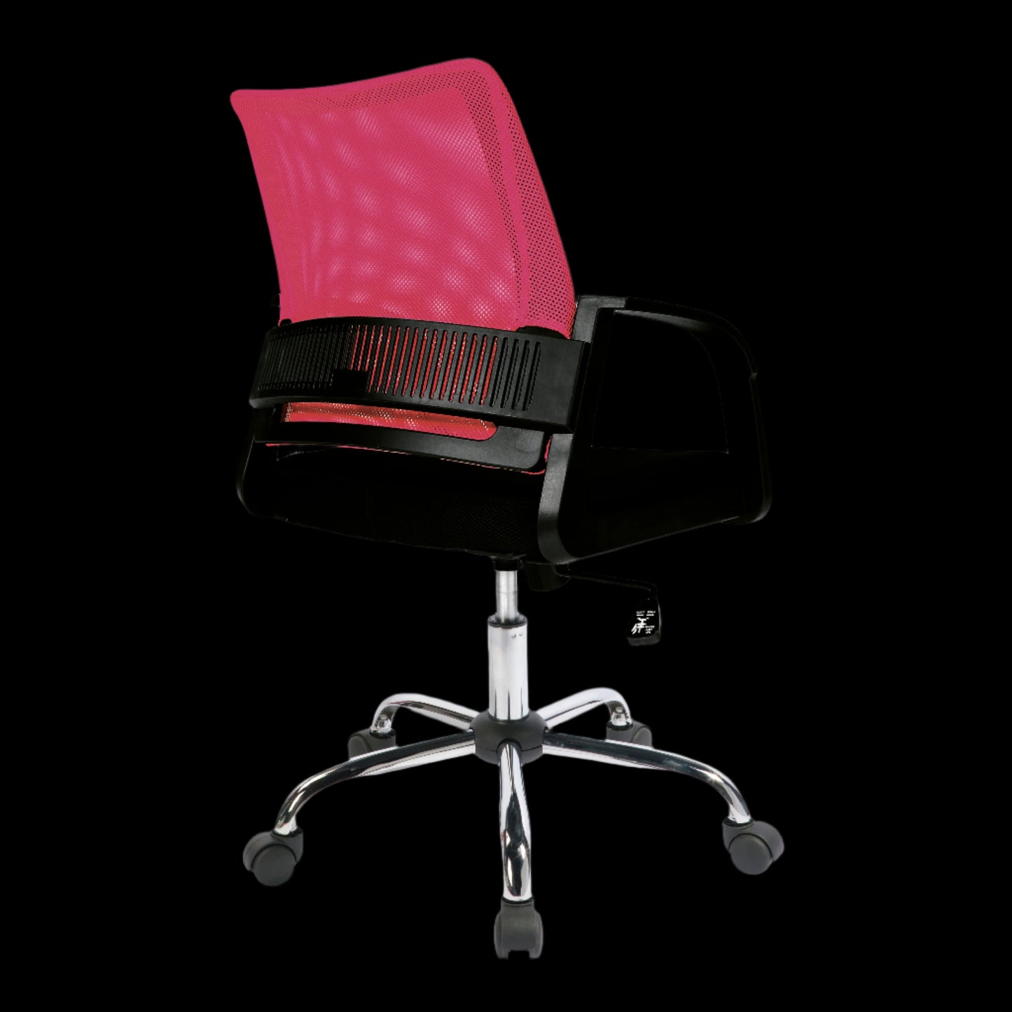 Black office chair with pink mesh backrest on a black background