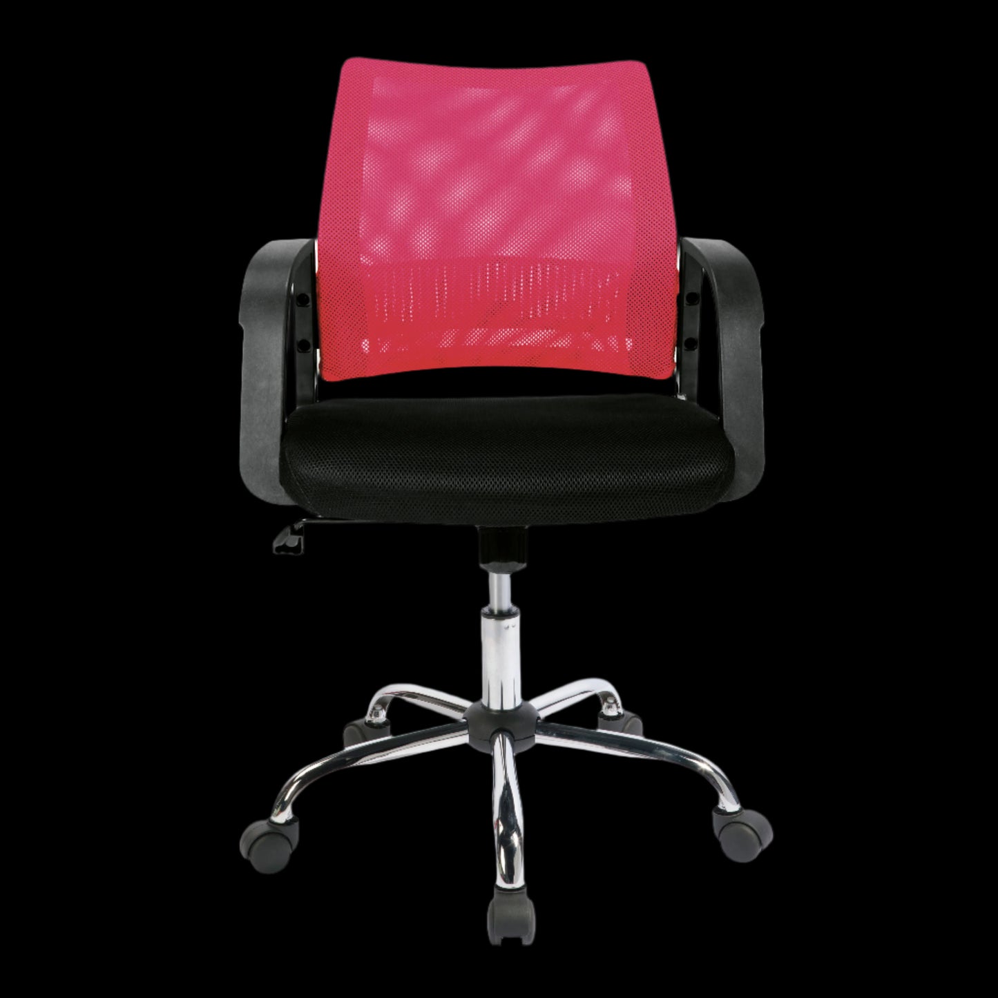 Black office chair with red mesh backrest on a black background