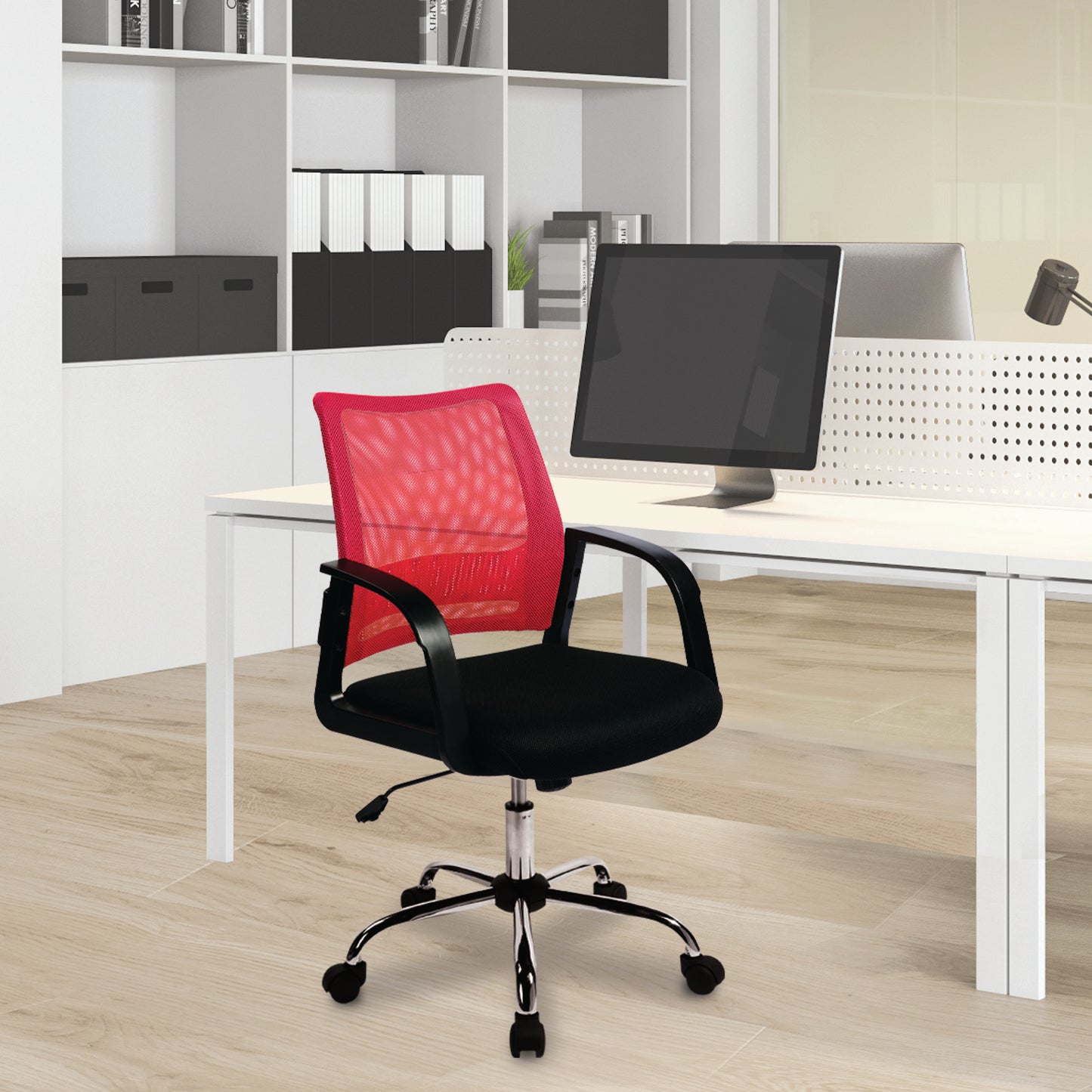 Office chair with pink backrest in an office setting