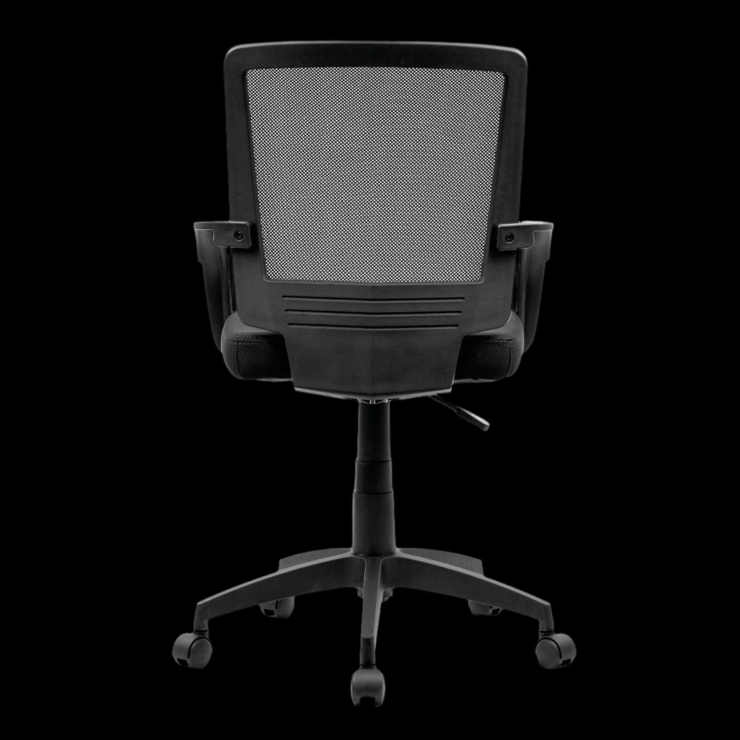 Black office chair with mesh back on a black background