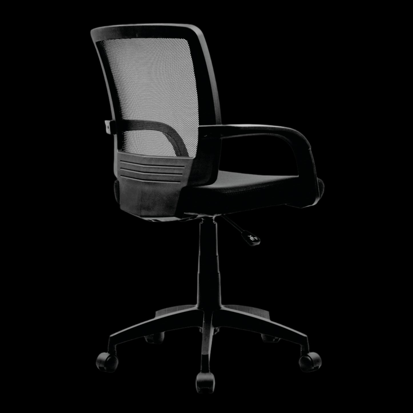 Black office chair with mesh back on a black background