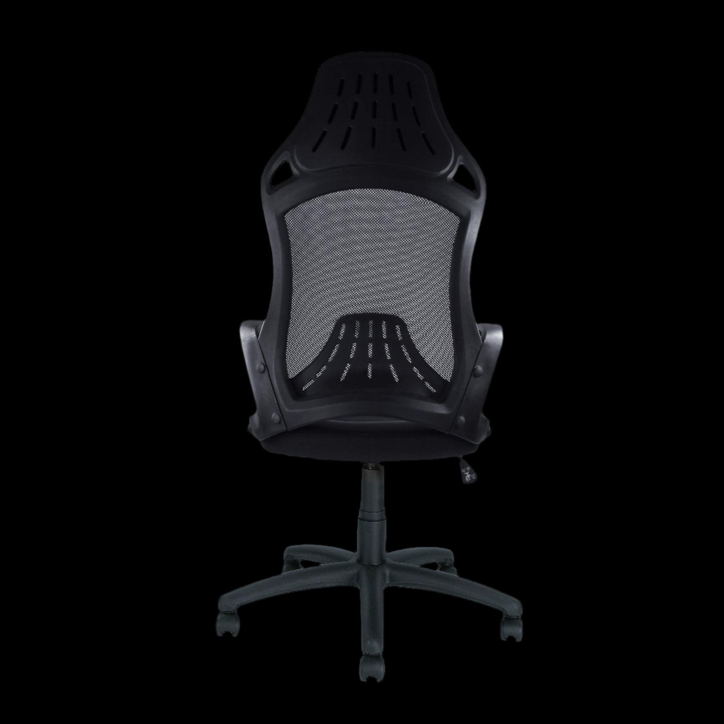 Black office chair with mesh back on a black background
