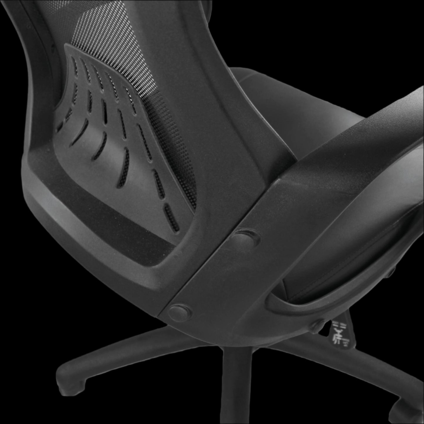 Black office chair with mesh backrest on a black background