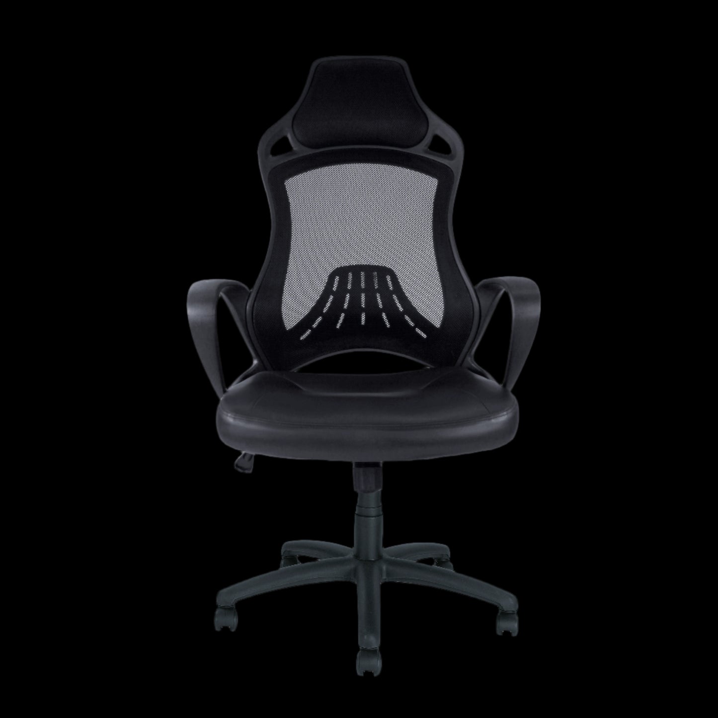 Black office chair with mesh back on a black background