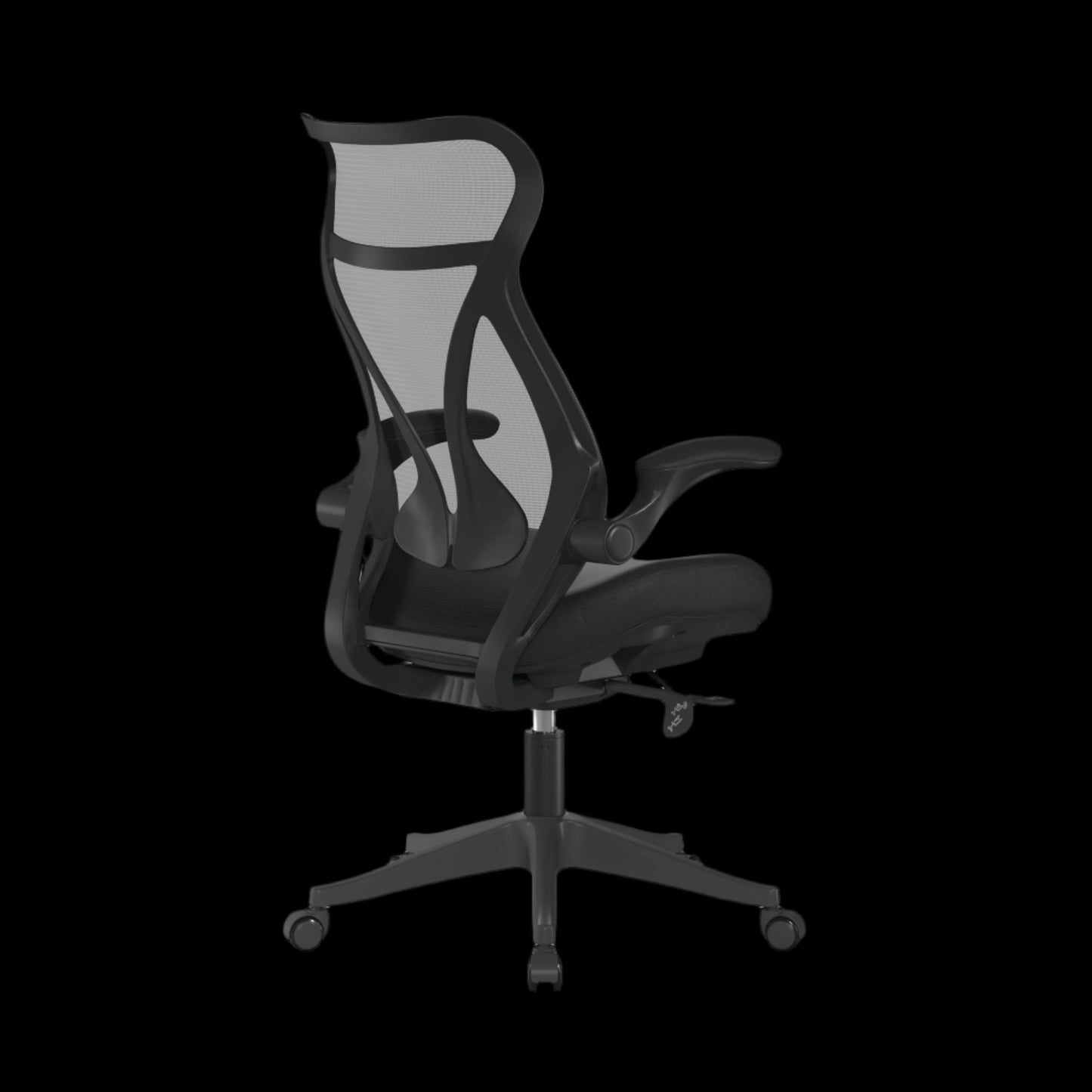 Black office chair with mesh back on a black background