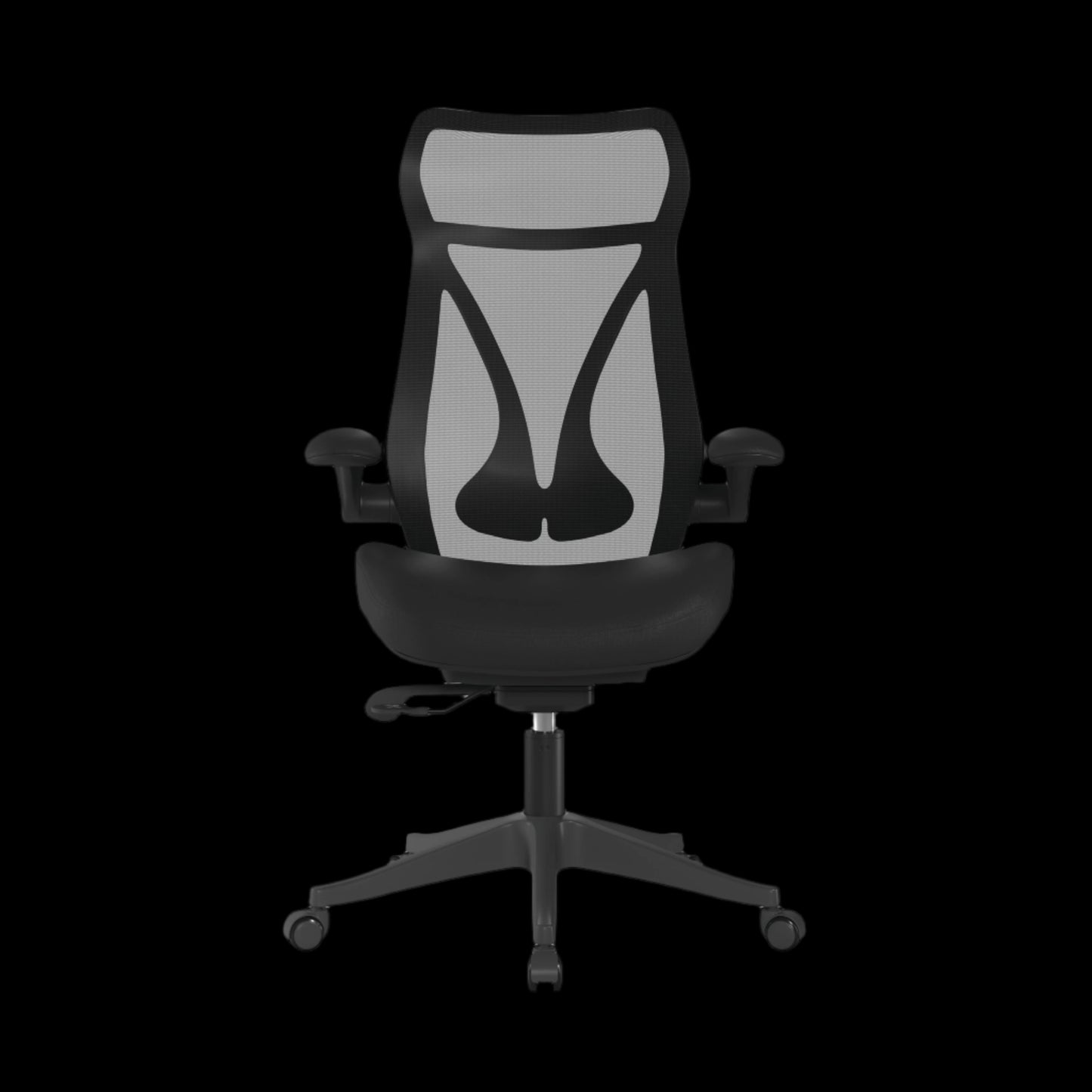 Black office chair with gray mesh back on a black background