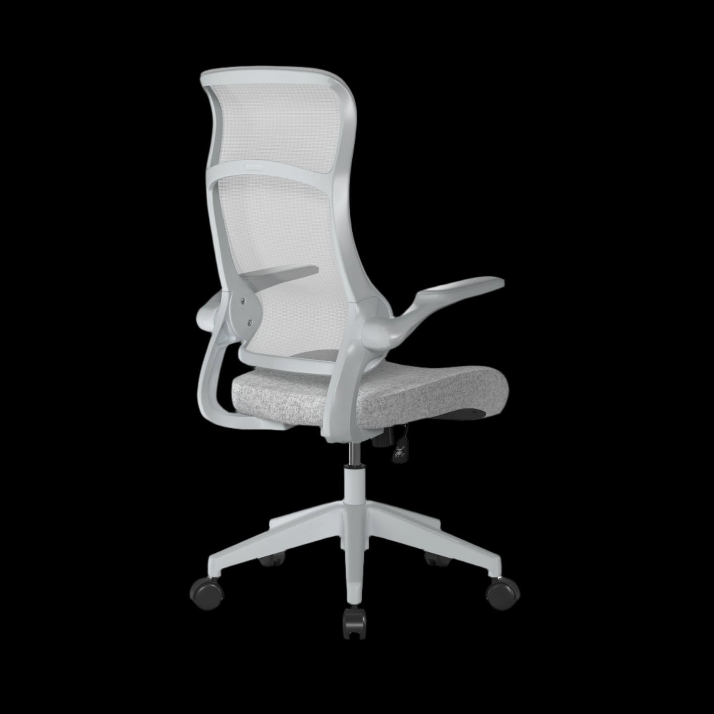 Gray office chair with mesh back on a black background
