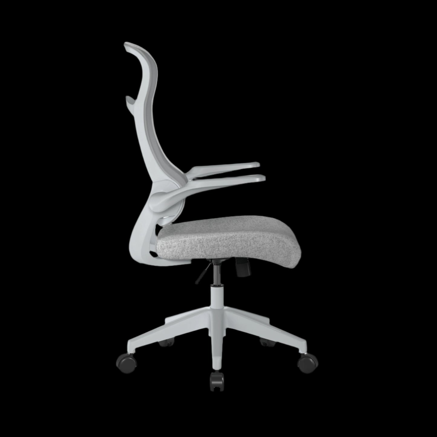 Gray office chair with a white frame on a black background